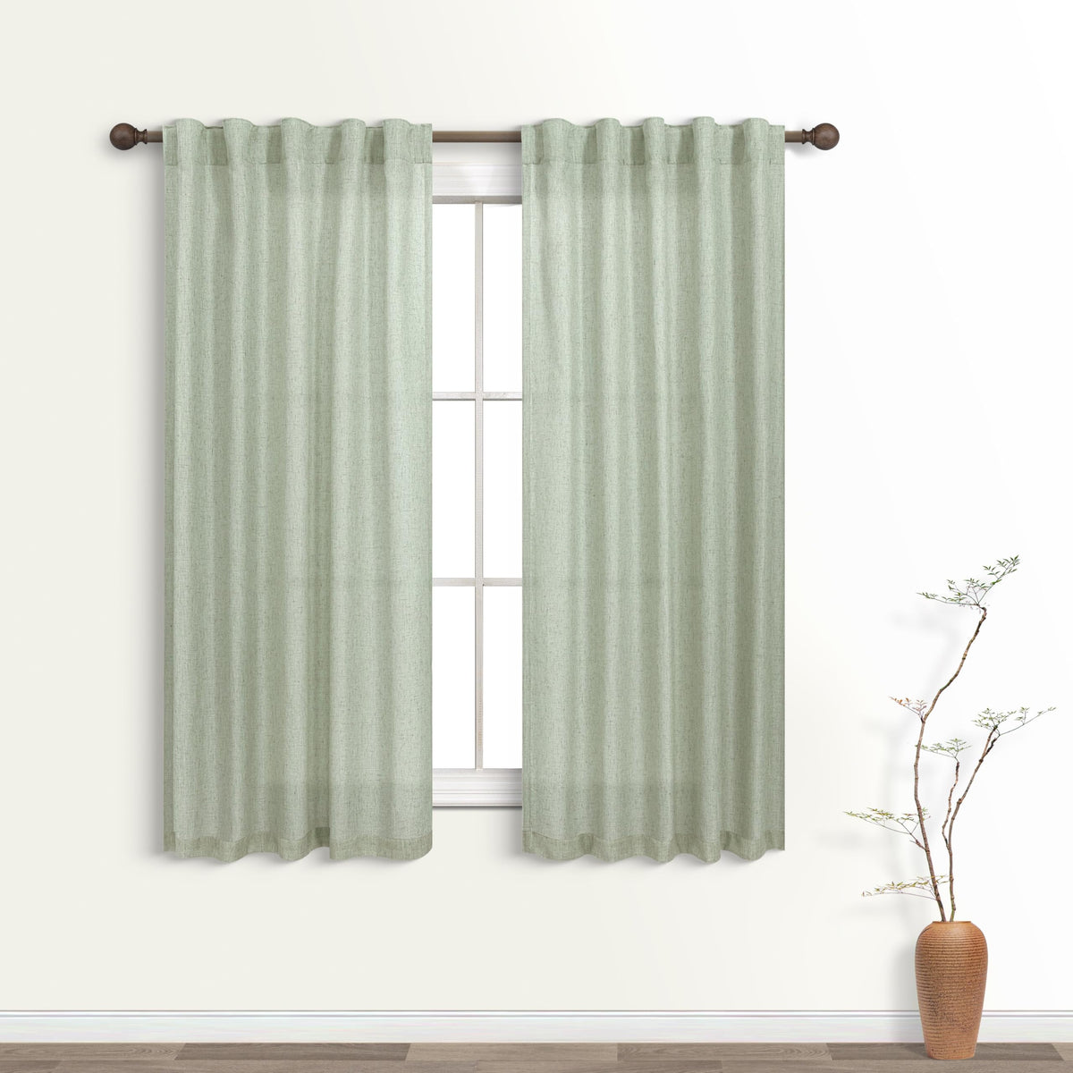 Koufall Sage Green Back Tab Rod Pocket Linen Sheer Curtains 38X45 Inch Length For Bedroom