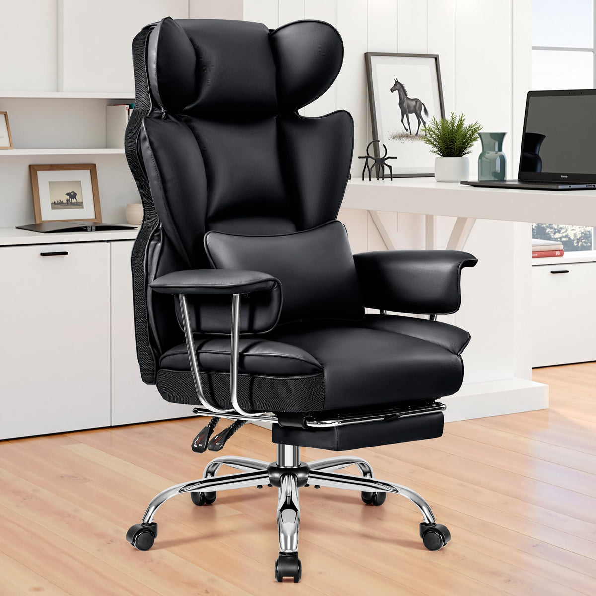 Bestfair Home Office Desk Chair, Big And Tall Executive Office Chairs With Footrest, Leather Computer Gaming Chairs With Adjusta
