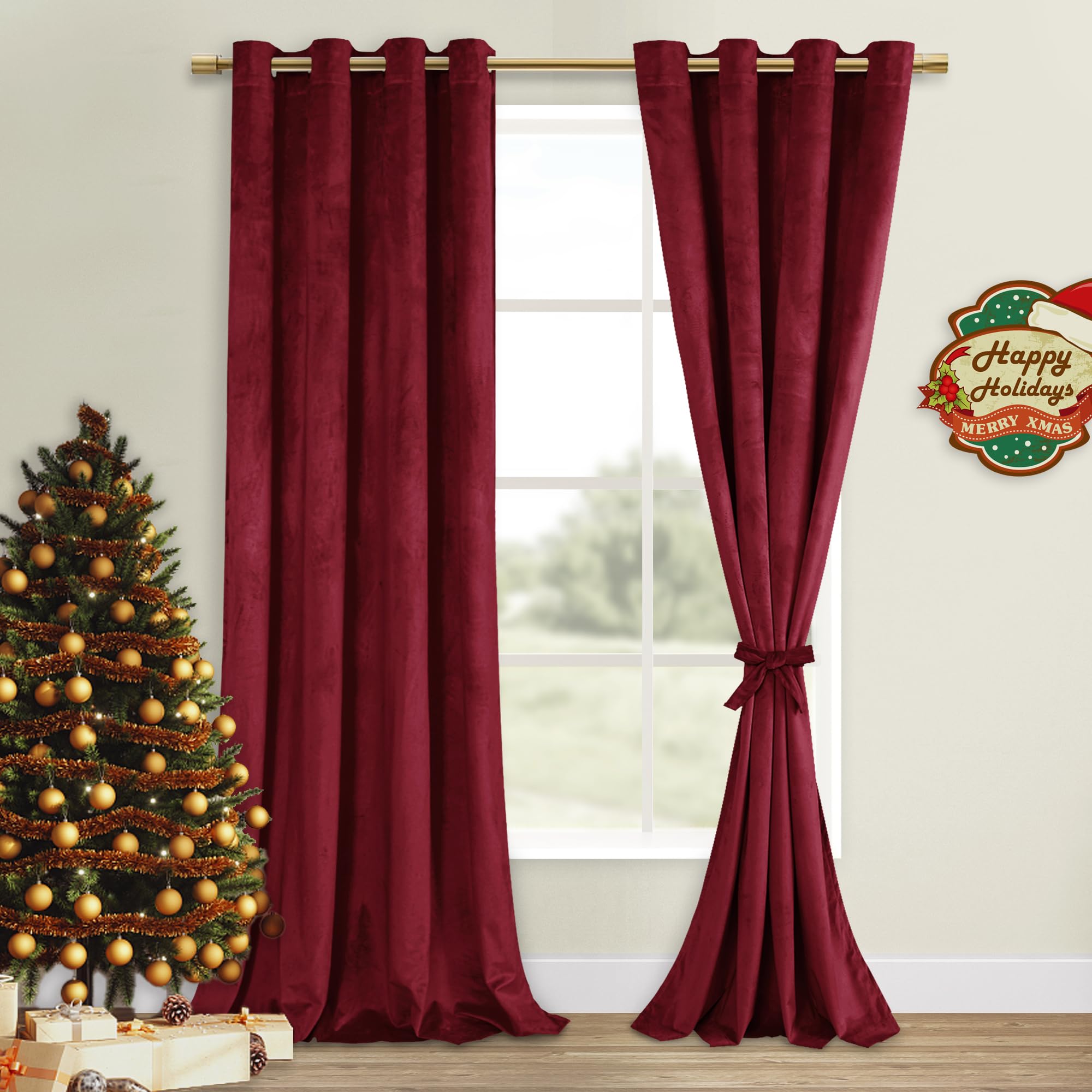 DWCN Wine Red Blackout Velvet Curtains Tieable Grommet Thermal Insulated Christmas Holiday Decorative Backdrops for Living Room 