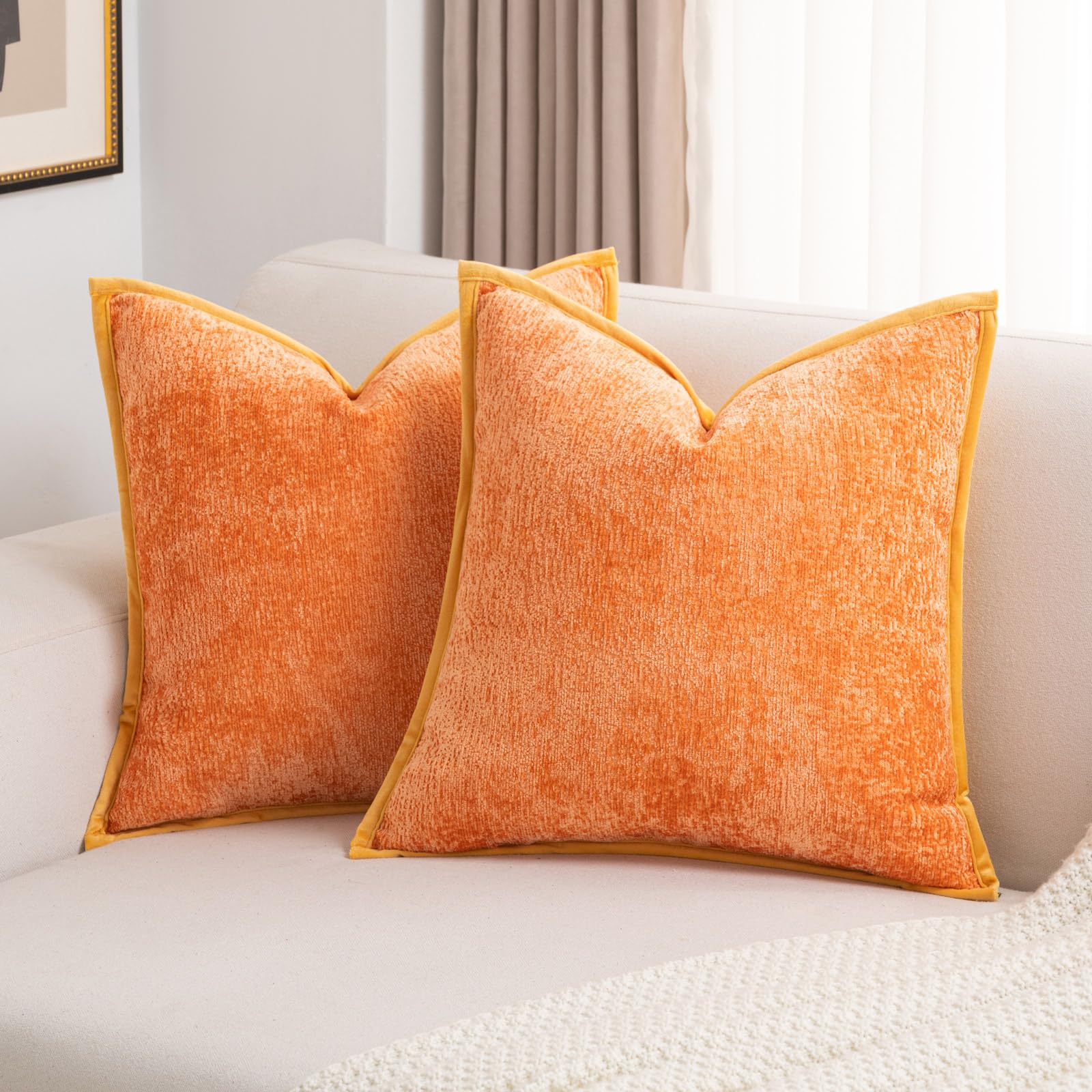Futei Orange Chenille Throw Pillow Covers 24X24 Inch Set Of 2,Soft Velvet Euro Pillow Shams,Home Decor For Couch Bed Living Room