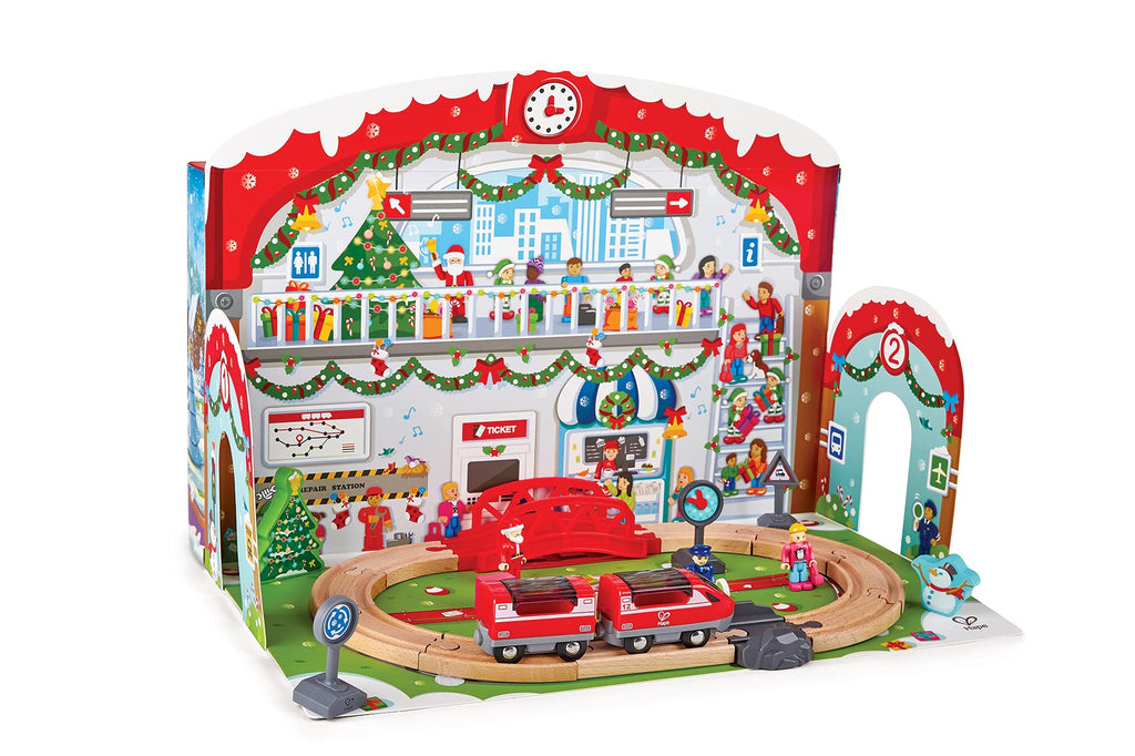 Hape 24 Piece Wooden Christmas Advent Calendar Train Station Set with Decorated Depot Backdrop for Kids, Teens, and Adults, Mult