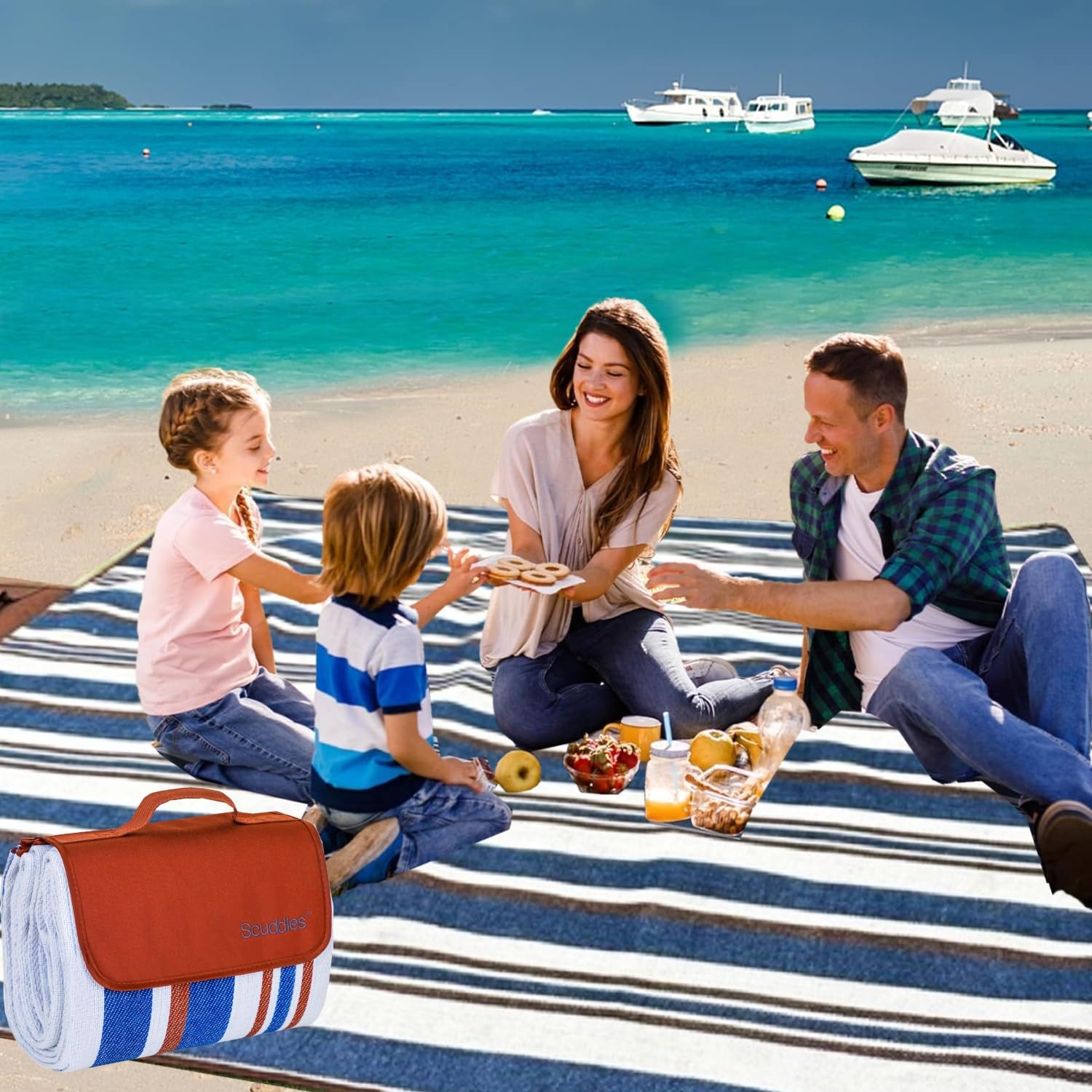 Scuddles 80   X 80    Picnic Blanket Extra Large, Waterproof And Foldable Beach Blanket, 3-Layer Outdoor Blanket Fits Up To 6 Ad