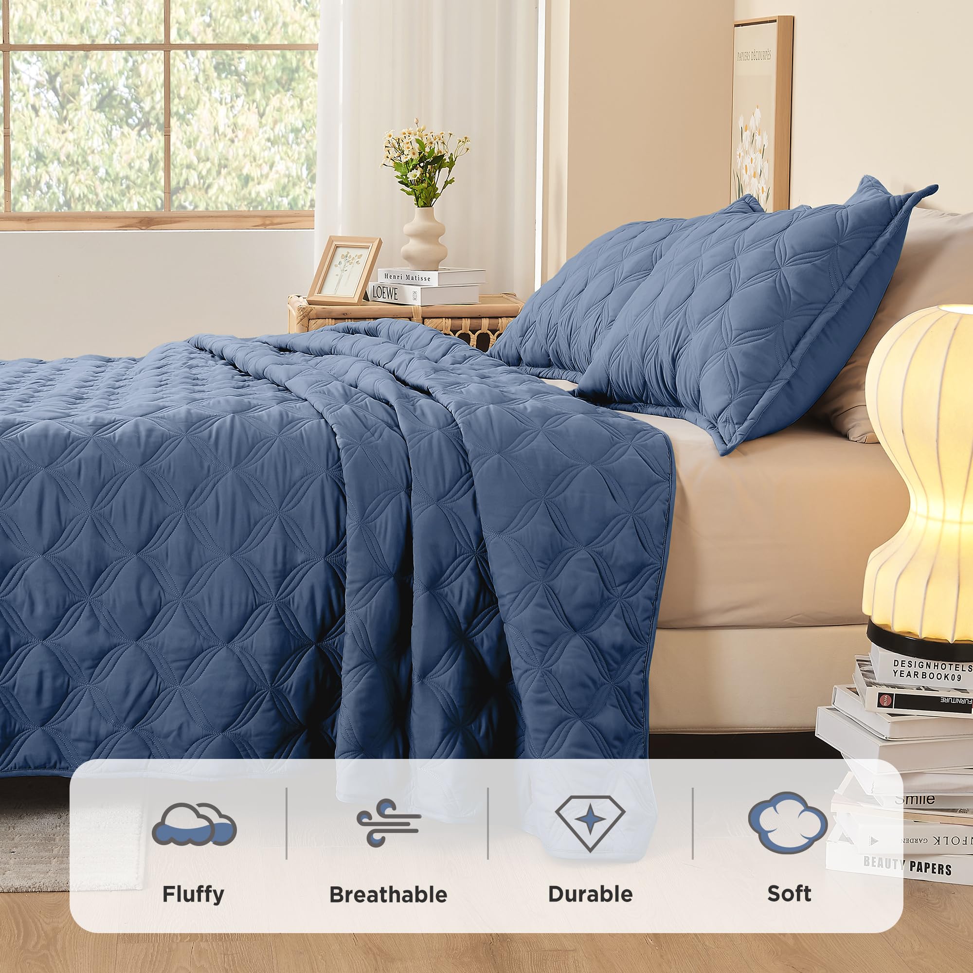 Litanika Oversized King Quilt Bedding Set, 128X120 Inch Super King Ocean Blue Comforter Bedspreads Lightweight Bed Coverlets Boh