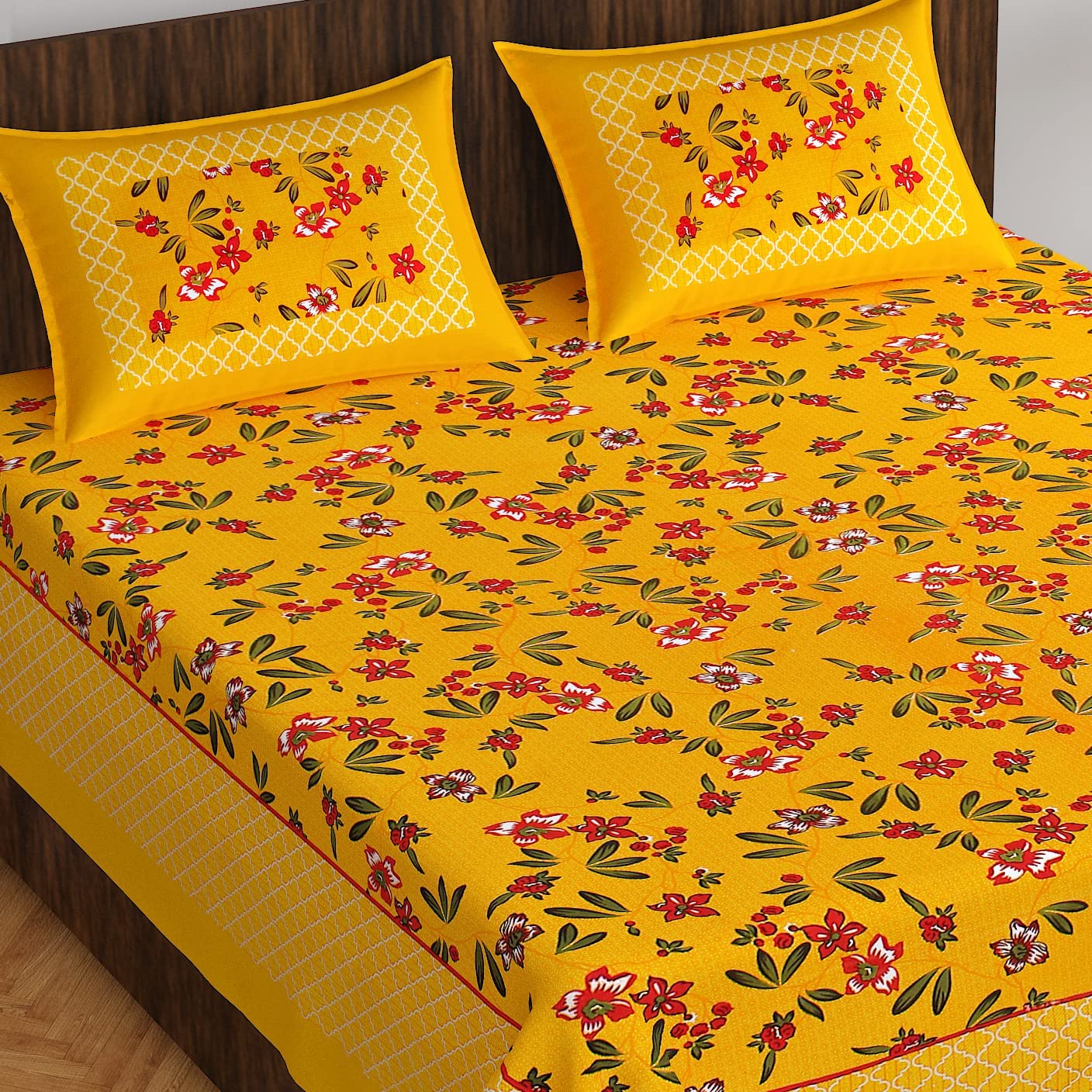Monique Brand Floral Foliage 144 Tc 100% Cotton Bedsheet For Double Bed With 2 Pillow CoverYellow