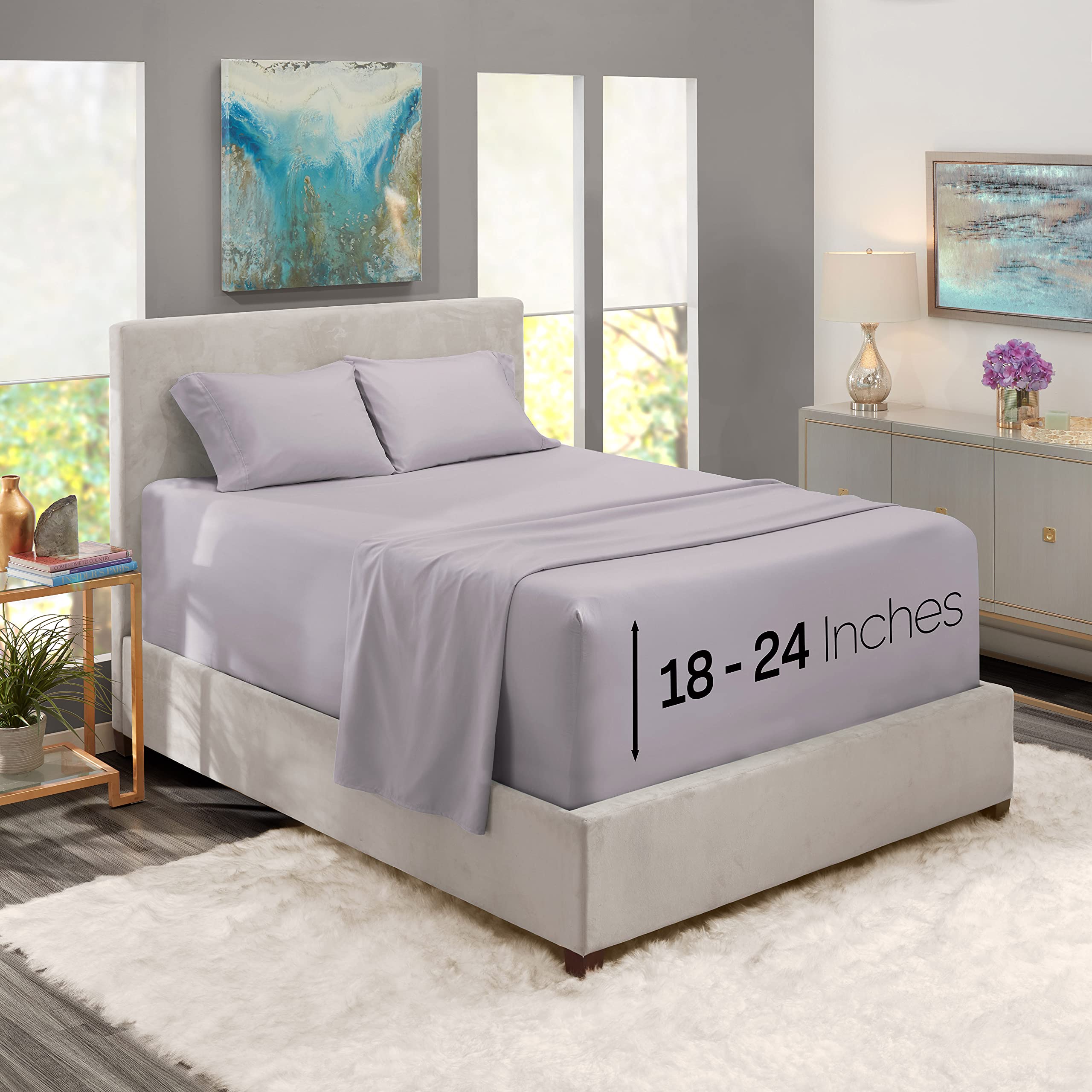 Nestl Extra Deep Pocket Sheets - Fits Mattress 18-24 Inches Deep, Extra Deep Pocket Full Size Sheets Sets, 4 Piece Full Size Sheets, Full Sheets Deep Pocket, Light Grey Lavender Sheets
