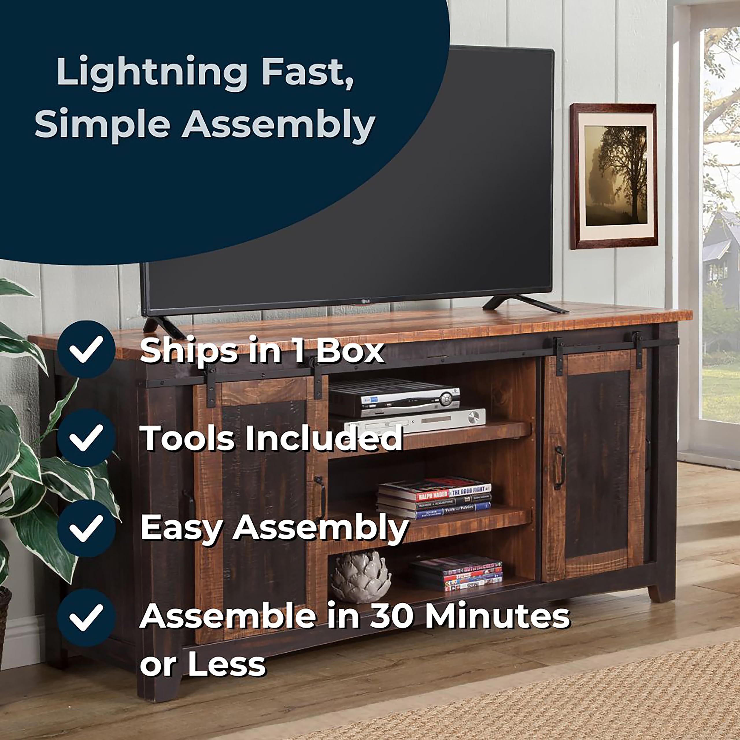 Martin Svensson Home Santa Fe Solid Wood Tv Stand, 65&quot;, Antique Black And Aged Distressed Pine