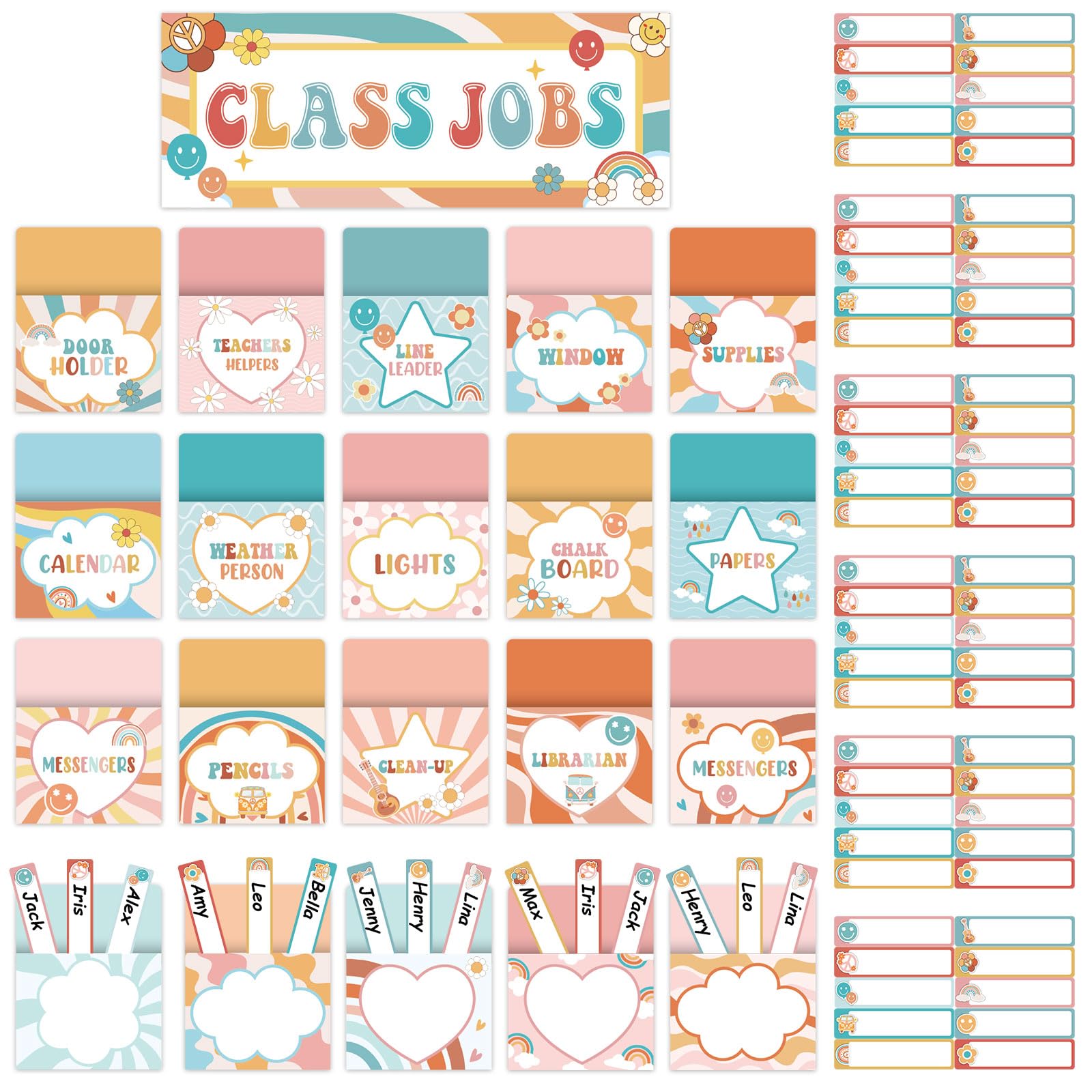 Zoiiwa 81Pcs Groovy Class Jobs Bulletin Board Hippie Themed Classroom Jobs Pocket Chart Set Teacher'S Helper Chalkboard Decor Cl