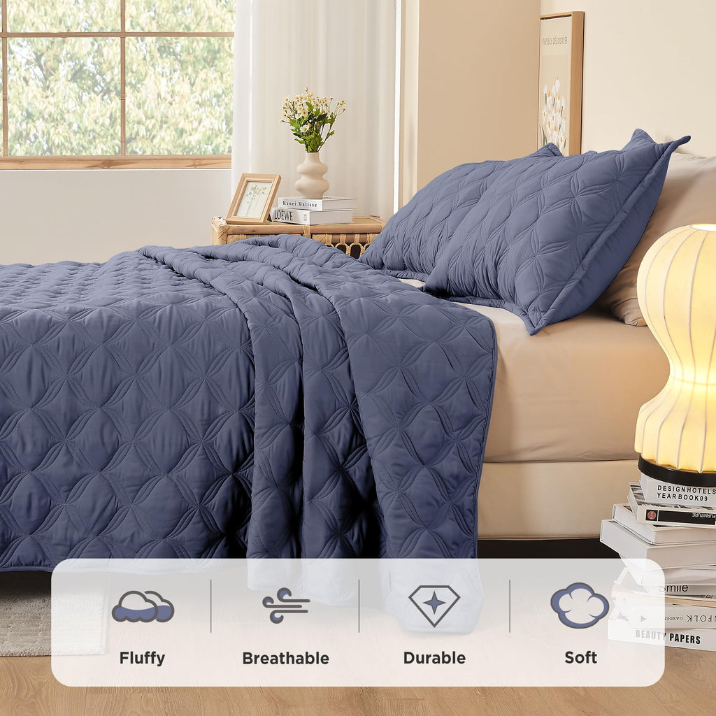 Litanika King Size Quilt Bedding Set, Dark Blue Grey Summer Lightweight Soft Comforter Bedspreads & Coverlets, Boho Farmhouse Be