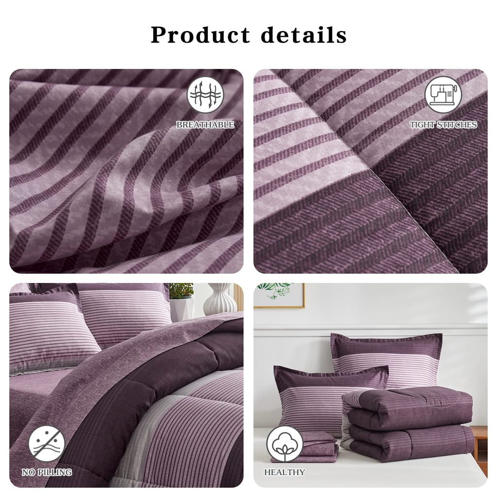 Flysheep Ombre Striped Bed In A Bag 7 Pieces King Size, Purple And Grey Stripes Comforter Sheet Set (1 Comforter, 1 Flat Sheet,