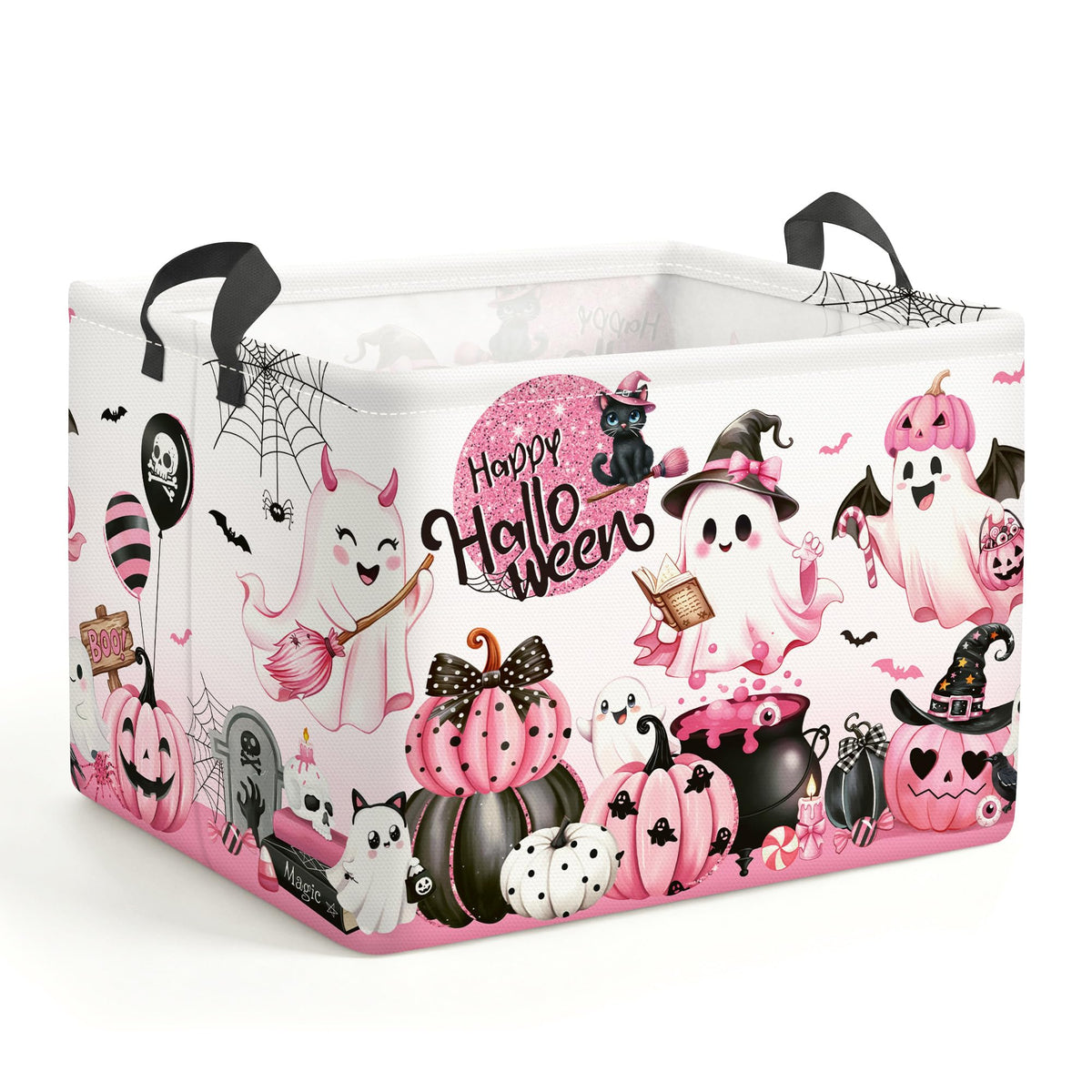 Clastyle Pink Halloween Spooky Basket Stuffers Nursery Kid Room Spide Bat Ghost Pumpkin Boo Basket Clothes Book Toy Storage Bin 