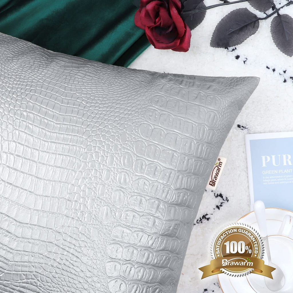 Brawarm Faux Leather Pillow Covers 22 X 22 Inches, Silver Leather Pillow Covers Pack Of 2, Crocodile Leather Decorative Throw Pi