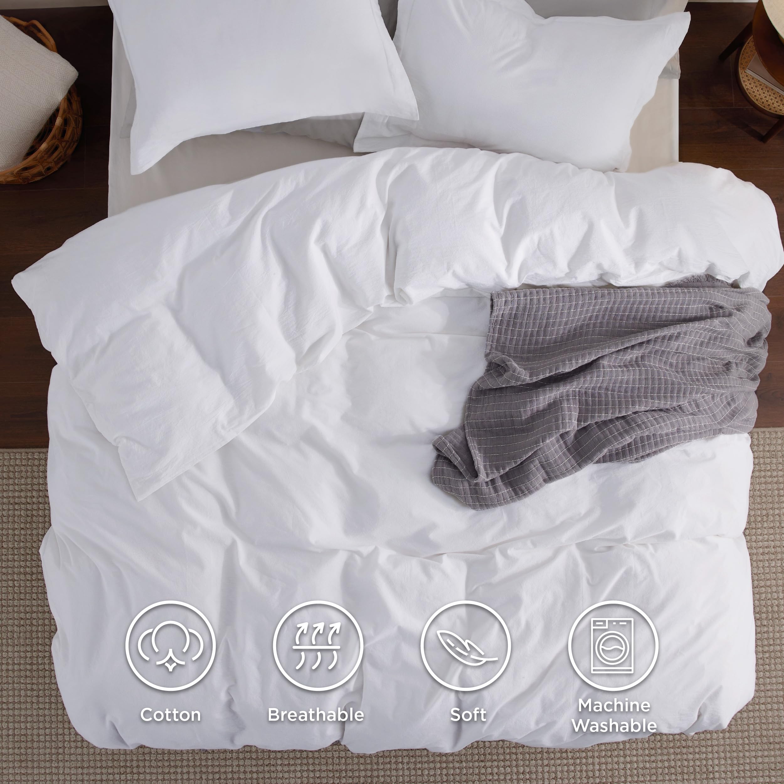 Bedsure 100% Washed Cotton Duvet Cover King - Bright White Minimalist Duvet Cover Linen Like - 3 Pieces Plain Simple Cotton Duvet Cover Set With 2 Pillow Shams (Bright White, King, 104'X90')