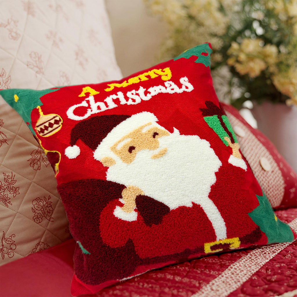 Alysheer Merry Christmas Santa Embroidered Decorative Throw Pillow Cover 18X18, Extra Thick Tufted Cozy Warm Cotton Cushion Case