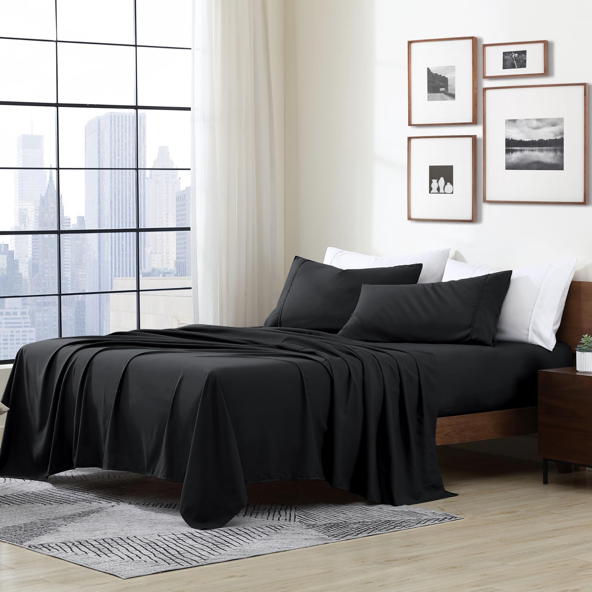 Cathay Home Essentials Ultra Soft Hypoallergenic Wrinkle Resistant Double Brushed Microfiber Bedding Sheet Set, Black, Full