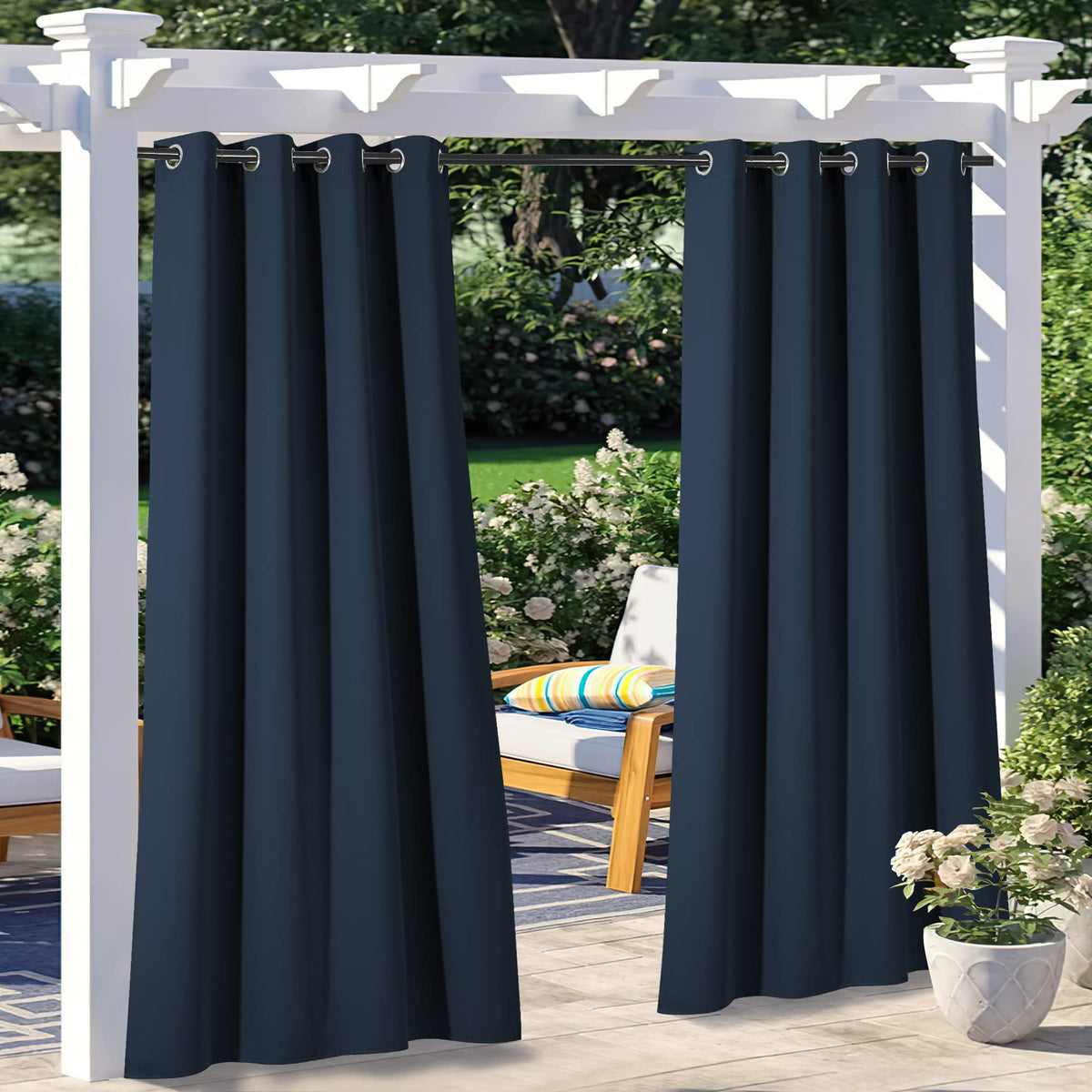 Nicetown 2 Panels Navy Blue Outdoor Curtains For Patio Waterproof, Silver Stainless Steel Grommet Light Blocking Thermal Insulat