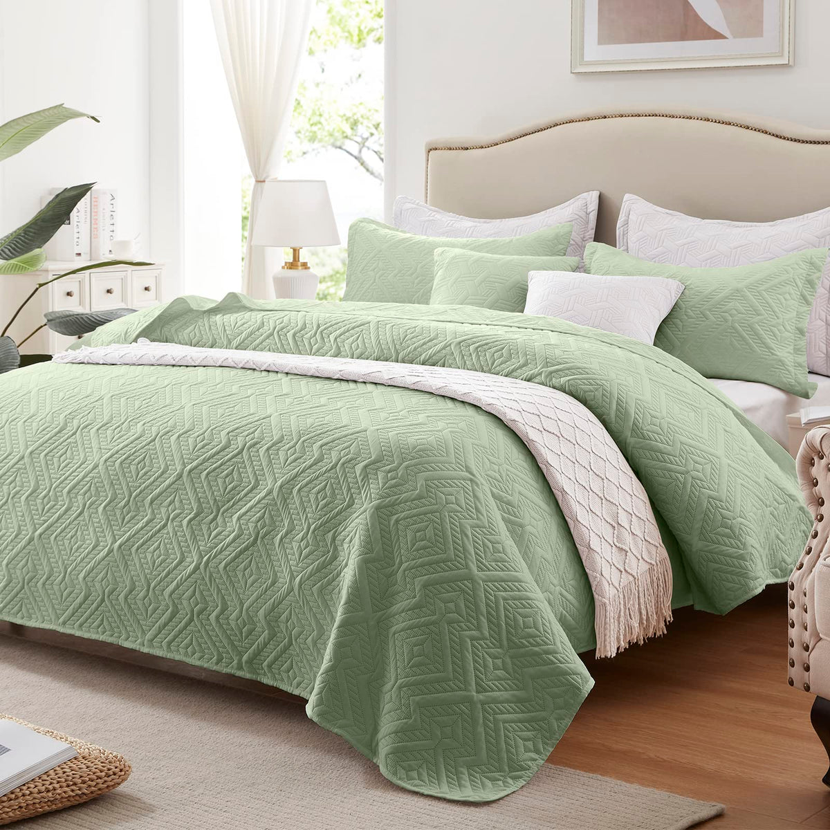 Leaonme Full/Queen Quilt Set 3 Pieces, Lightweight Sage Green Bedspread-90''X98'', Soft Microfiber Summer Quilt, Luxurious Warm