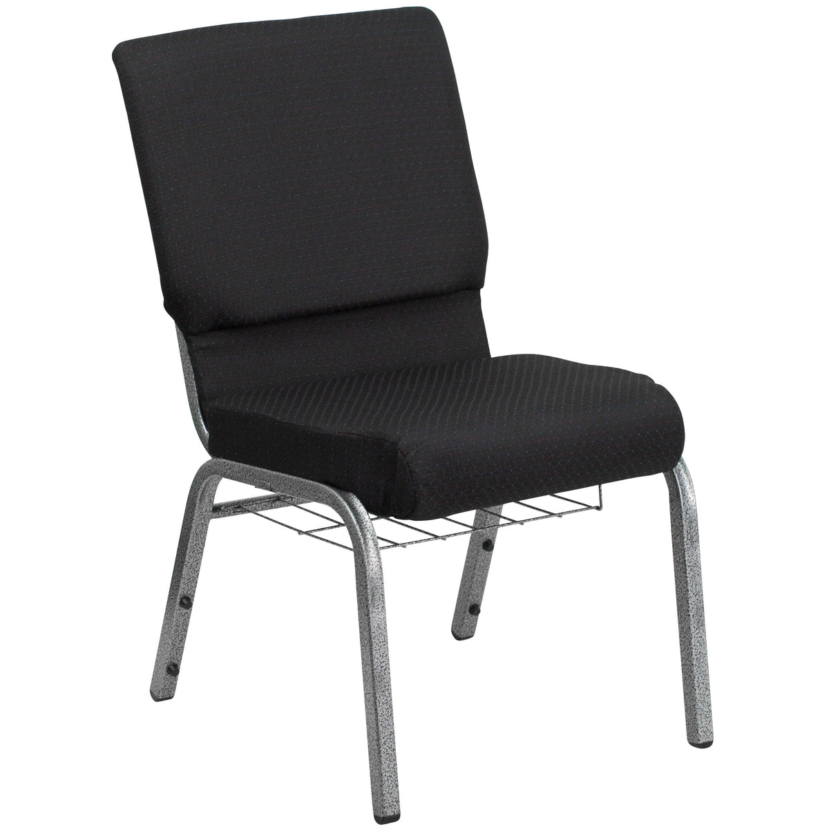 Flash Furniture HERCULES Series 18.5''W Church Chair in Black Patterned Fabric with Cup Book Rack - Silver Vein Frame