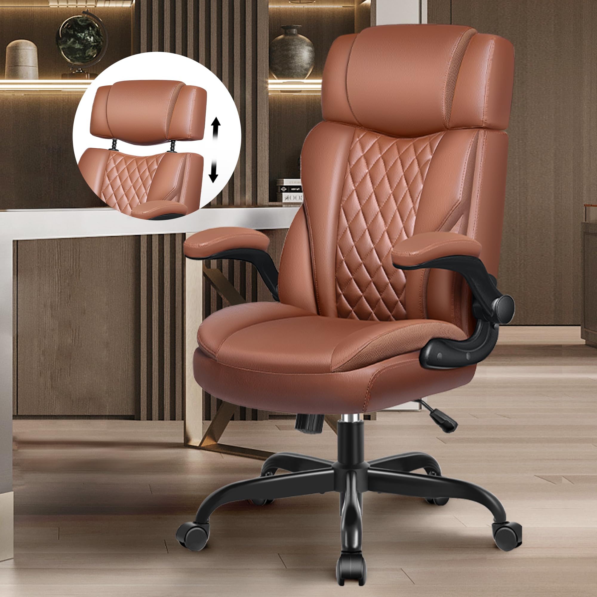 BestGlory Office Chair Flip Up Arms, Executive Leather Office Chair Ergonomic Desk Chair with Lumbar Support, Adjustable Headres