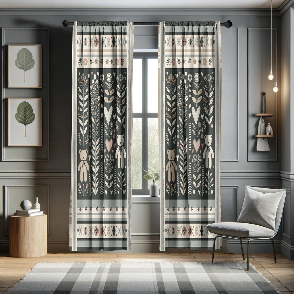 Ambesonne Neutral Window Curtains Pack Of 2, Cartoonish Bears Nordic Scandi Themed Leaves Botanical Hearts Minimal Tones, Lightw