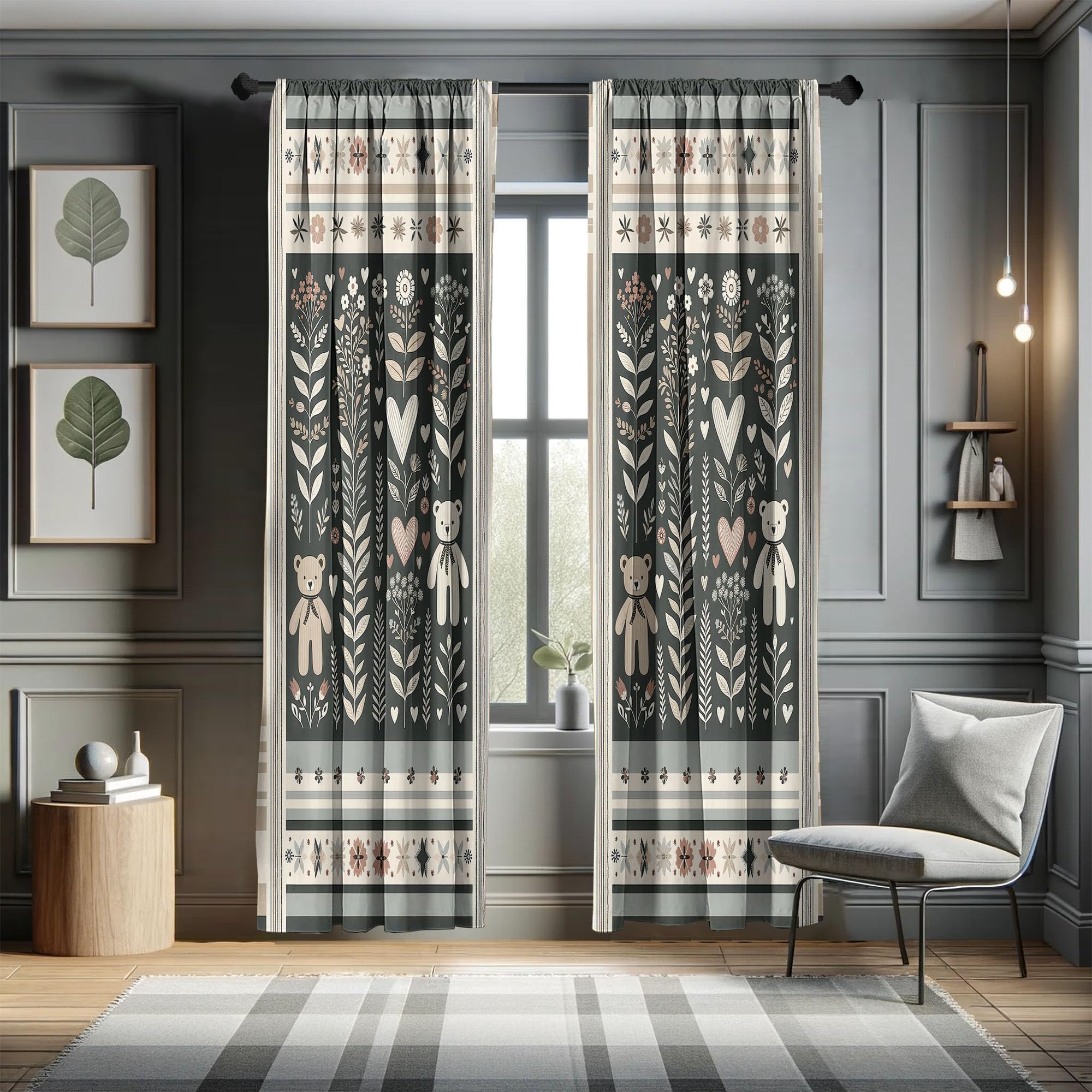 Ambesonne Neutral Window Curtains Pack Of 2, Cartoonish Bears Nordic Scandi Themed Leaves Botanical Hearts Minimal Tones, Lightw