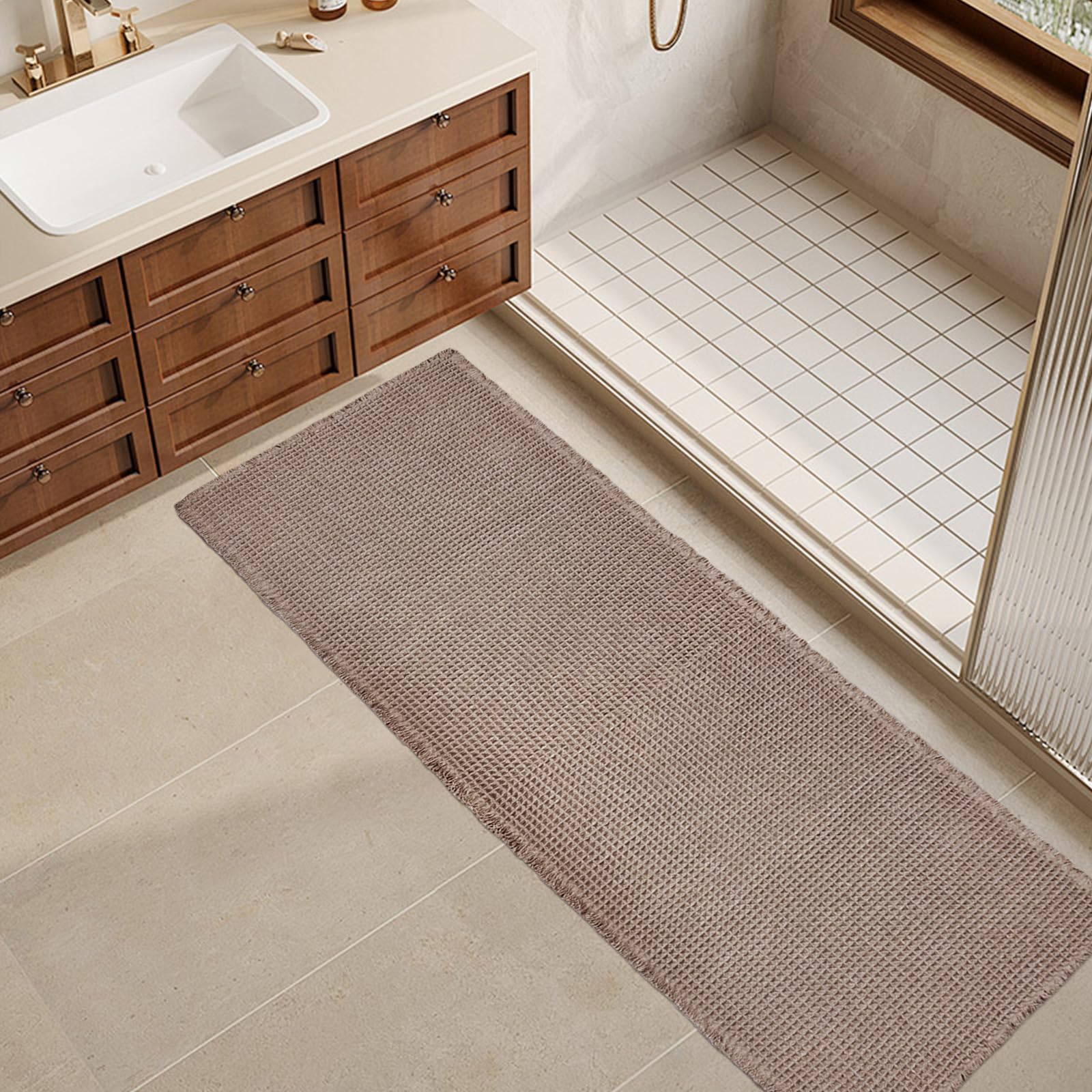 ZALL Tan Waffle Bath Mat,Super Absorbent Non Slip Long Bathroom Runner Rug,Brown 24X72inch,Machine Washable Ultra Soft Floor Mat