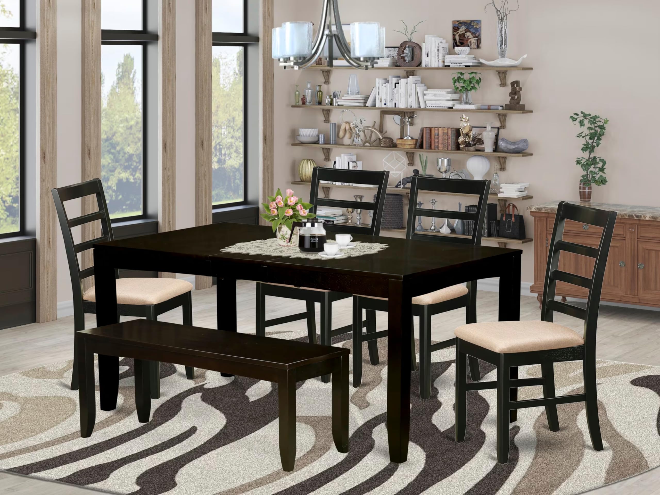 East West Furniture LYPF6-CAP-C 6 Piece Dining Table Set Contains a Rectangle Dining Room Table with Butterfly Leaf and 4 Linen Fabric Upholstered Chairs with a Bench, 36x66 Inch, Cappuccino