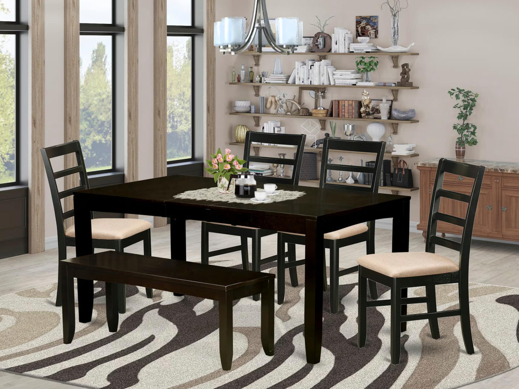 East West Furniture LYPF6-CAP-C 6 Piece Dining Table Set Contains a Rectangle Dining Room Table with Butterfly Leaf and 4 Linen Fabric Upholstered Chairs with a Bench, 36x66 Inch, Cappuccino