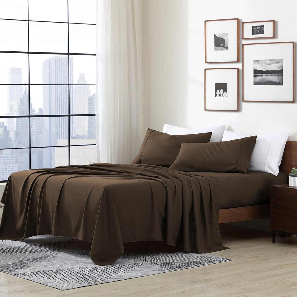 Cathay Home Essentials Ultra Soft Hypoallergenic Wrinkle Resistant Double Brushed Microfiber Bedding Sheet Set, Brown, Full