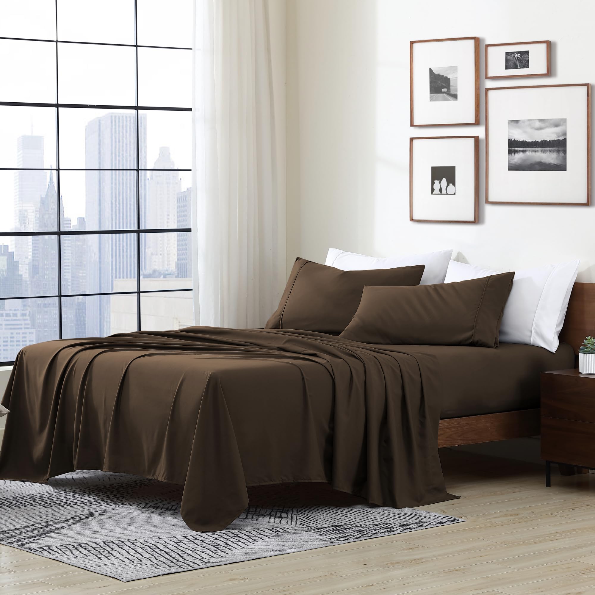 Cathay Home Essentials Ultra Soft Hypoallergenic Wrinkle Resistant Double Brushed Microfiber Bedding Sheet Set, Brown, Full