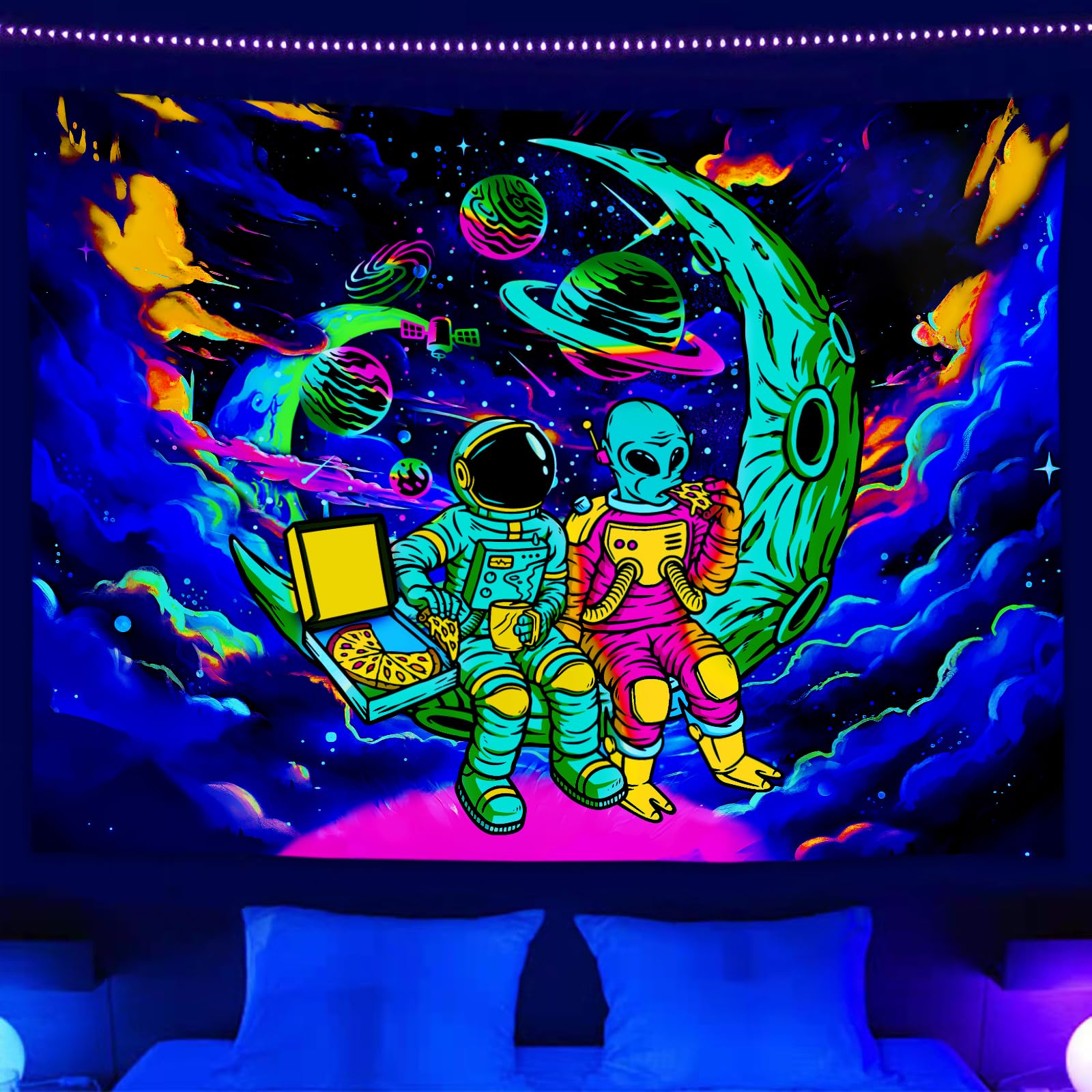 Funny Space Astronaut Alien Blacklight Tapestry Uv Reactive Poster, Trippy Universe Black Light Decor For Men Guys Room Bedroom