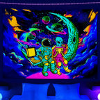 Funny Space Astronaut Alien Blacklight Tapestry Uv Reactive Poster, Trippy Universe Black Light Decor For Men Guys Room Bedroom
