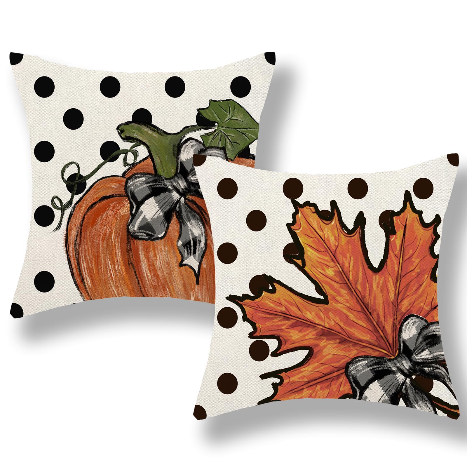 Fall Pillow Covers 18 x 18 Inch Set of 2 Autumn Polka Dot Pumpkin Maple leaves Throw Pillow Covers Outdoor Thanksgiving Harvest 