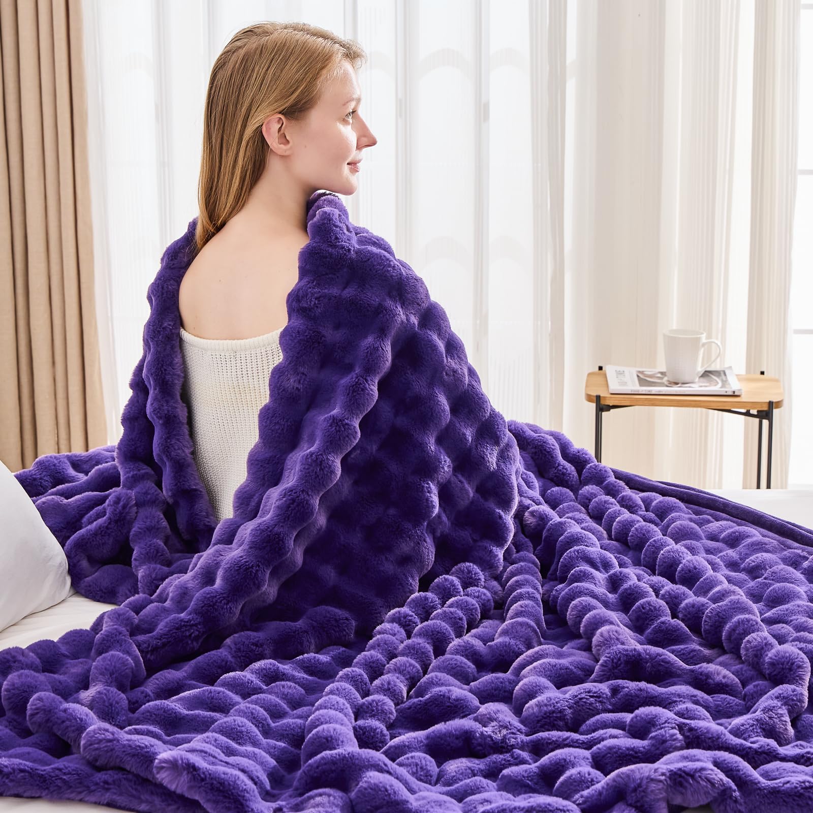 Newcosplay Faux Fur Twin Blanket Purple Bubble Blanket Thick Warm Soft For Couch Sofa Bed 550Gsm (Purple, Twin(60'X80'))