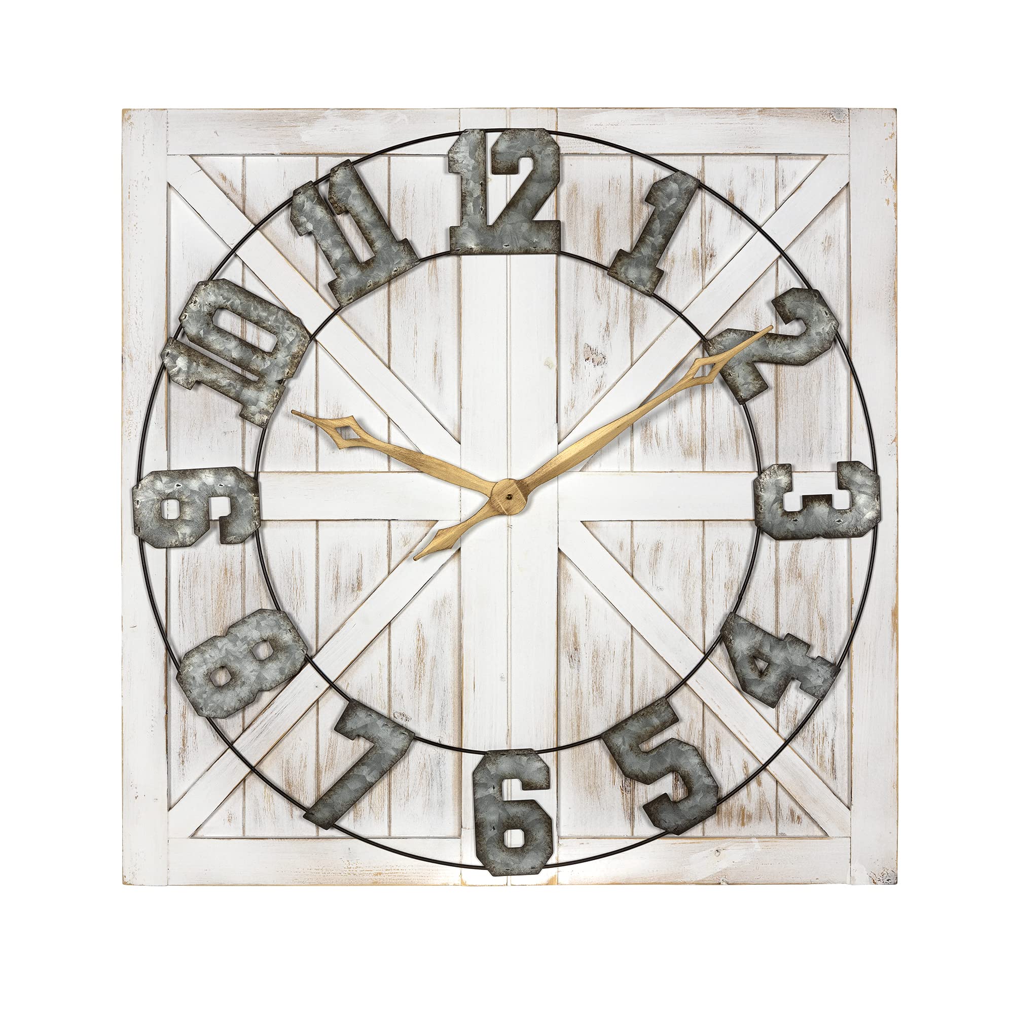Stratton Home Décor S11545 Rustic Farmhouse Wall Clock, 31.50 W X 1.38 D X 31.50 H, Distressed White, Galvanized Metal, Gold, Black