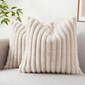 Decoruhome Faux Fur Spring Throw Pillow Covers 16X16 Set Of 2, Decorative Soft Plush Striped Couch Pillow Covers With Velvet Back For Sofa, Bed, Living Room, Beige