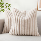 Decoruhome Faux Fur Spring Throw Pillow Covers 16X16 Set Of 2, Decorative Soft Plush Striped Couch Pillow Covers With Velvet Back For Sofa, Bed, Living Room, Beige