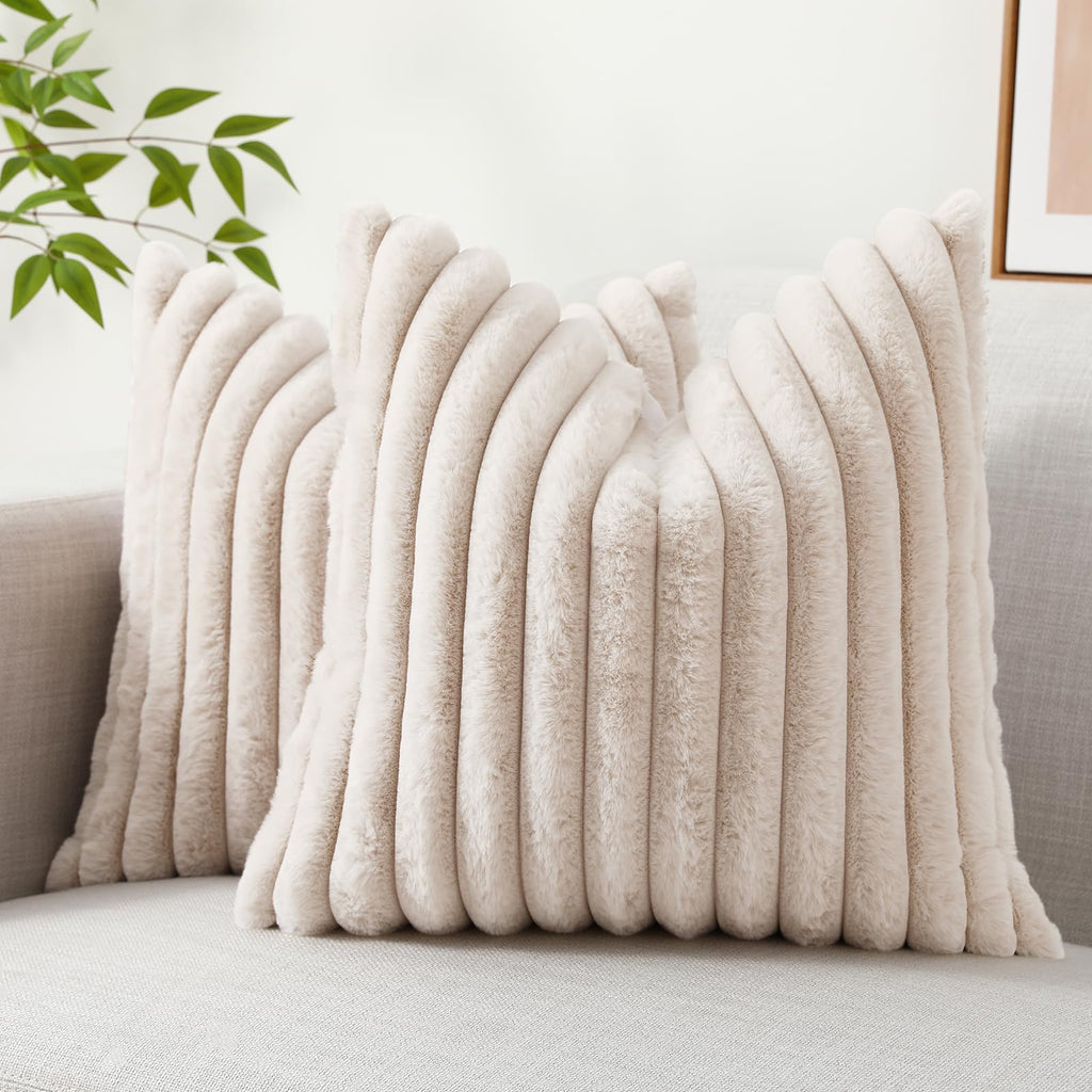 Decoruhome Faux Fur Throw Pillow Covers 20X20 Set Of 2, Decorative Soft Plush Striped Couch Pillow Covers With Velvet Back For Sofa, Bed, Living Room, Black