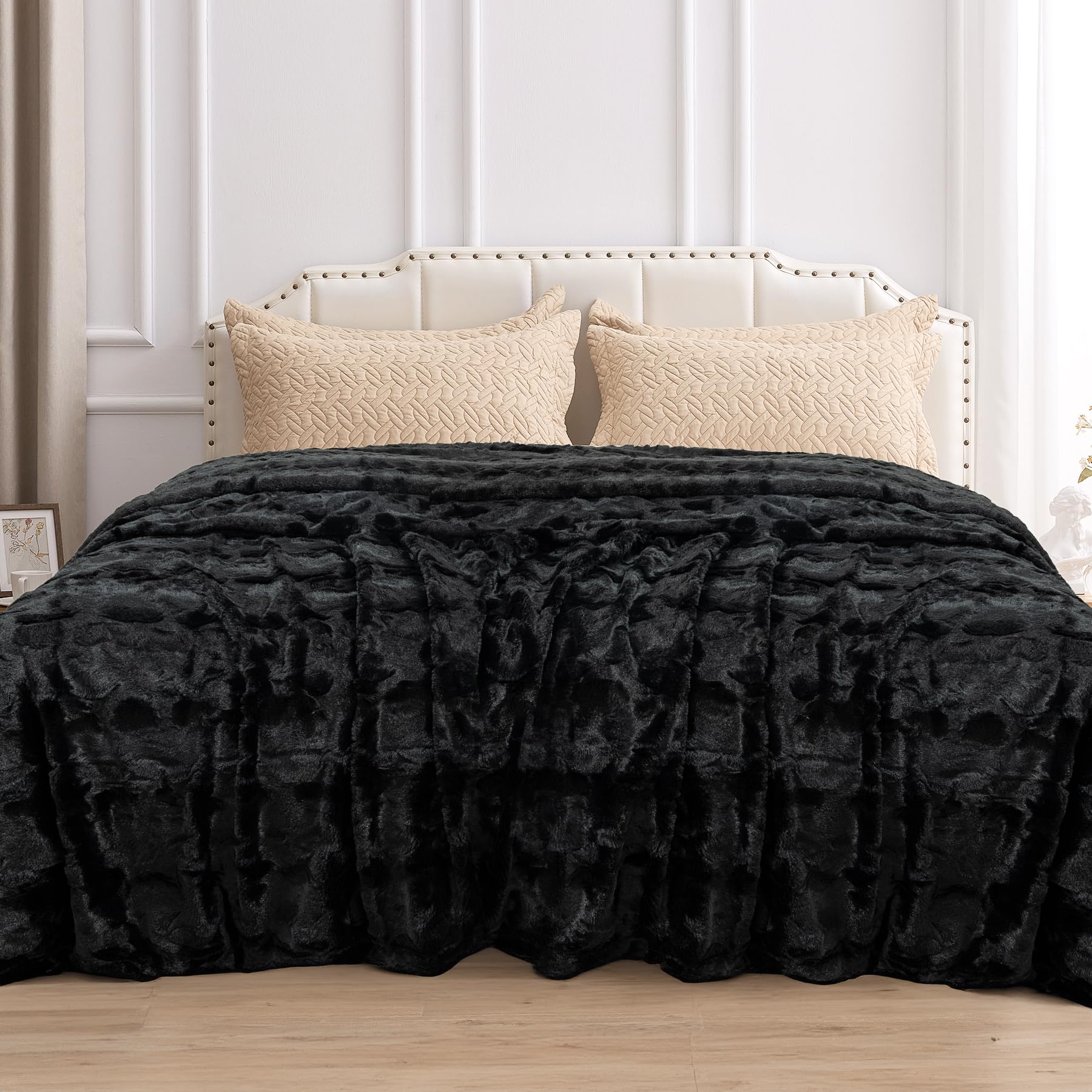 Toonow Faux Fur Luxury Throw Blanket,Double Side Soft Fluffy Shaggy Fuzzy Blanket For Couch Sofa Bed (Black, X-Large Twin Size)