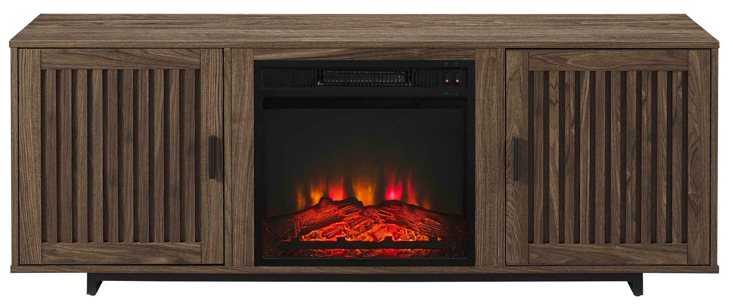 Crosley Furniture Silas Low Profile Fireplace TV Stand for 65+ inch TVs, Entertainment Center with Shelves, Walnut