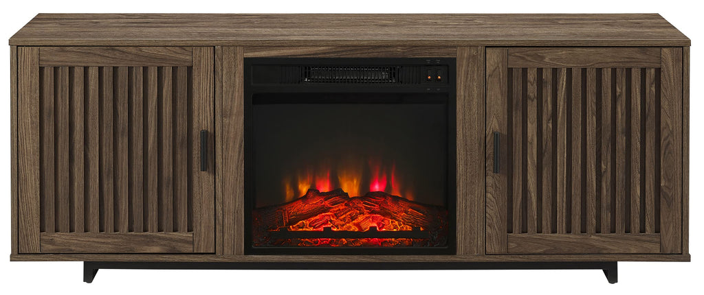 Crosley Furniture Silas Low Profile Fireplace TV Stand for 65+ inch TVs, Entertainment Center with Shelves, Walnut