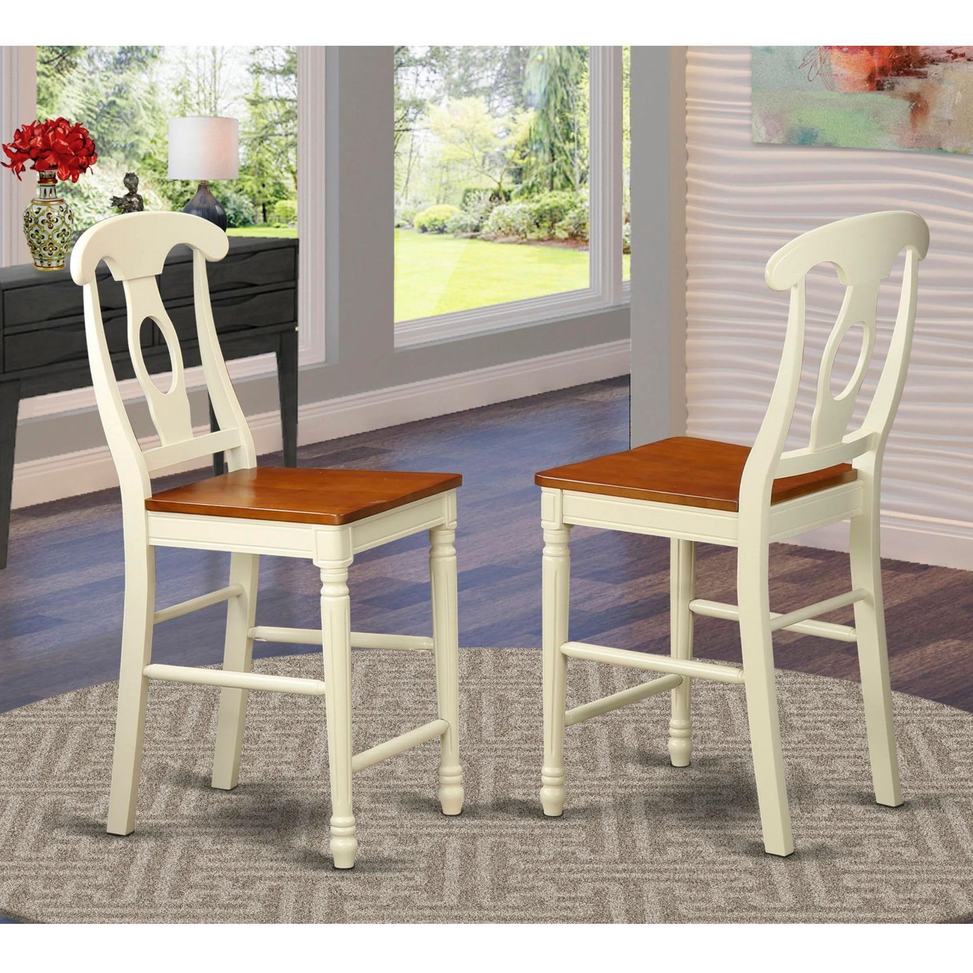 East West Furniture Kenley Counter Height Dining Napoleon Back Solid Wood Seat Chairs - Thumbnail 2
