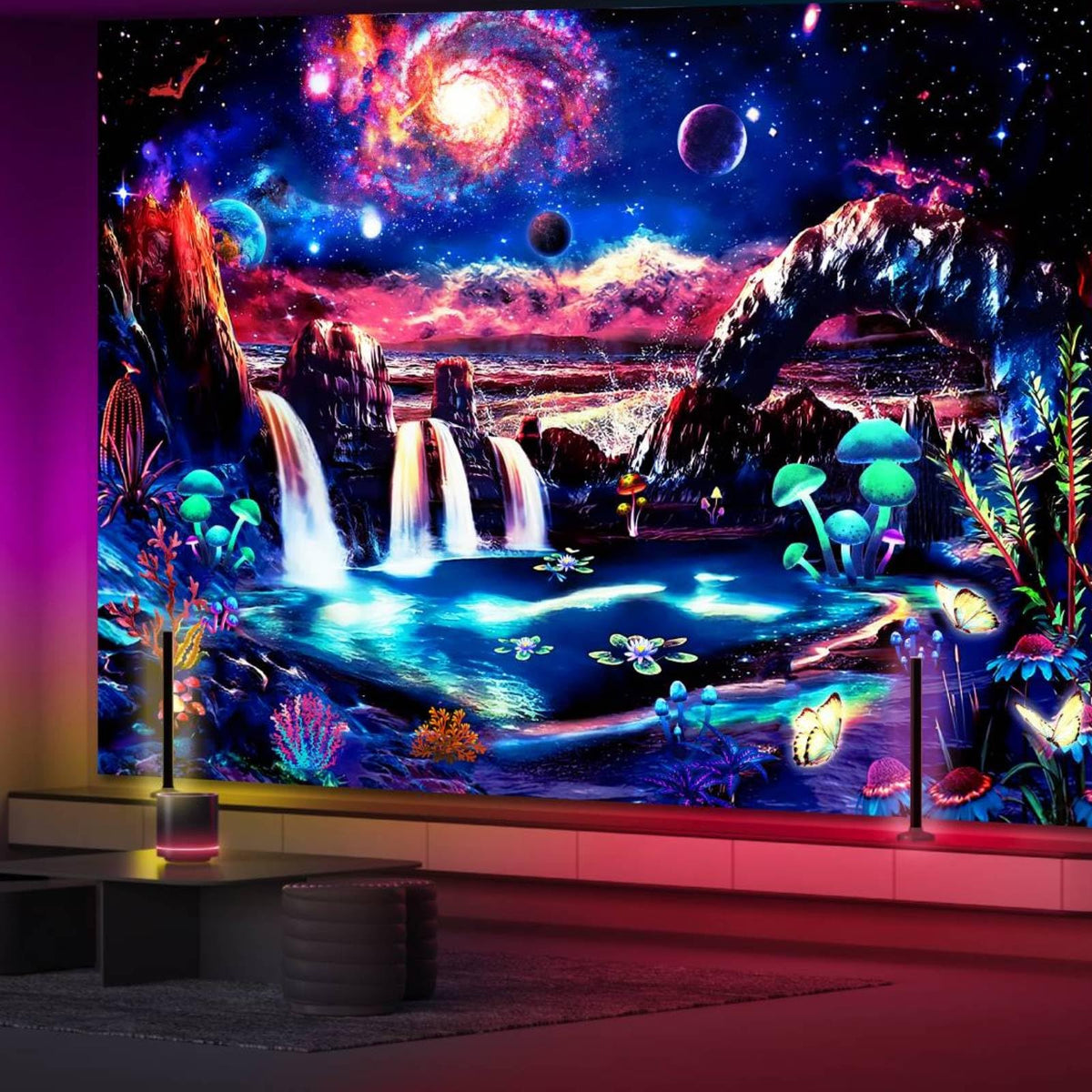 Large Blacklight Galaxy Space Tapestry For Bedroom Aesthetic 71'X90' Big Mountain Mushroom Wall Tapestry Glow In The Dark Uv R