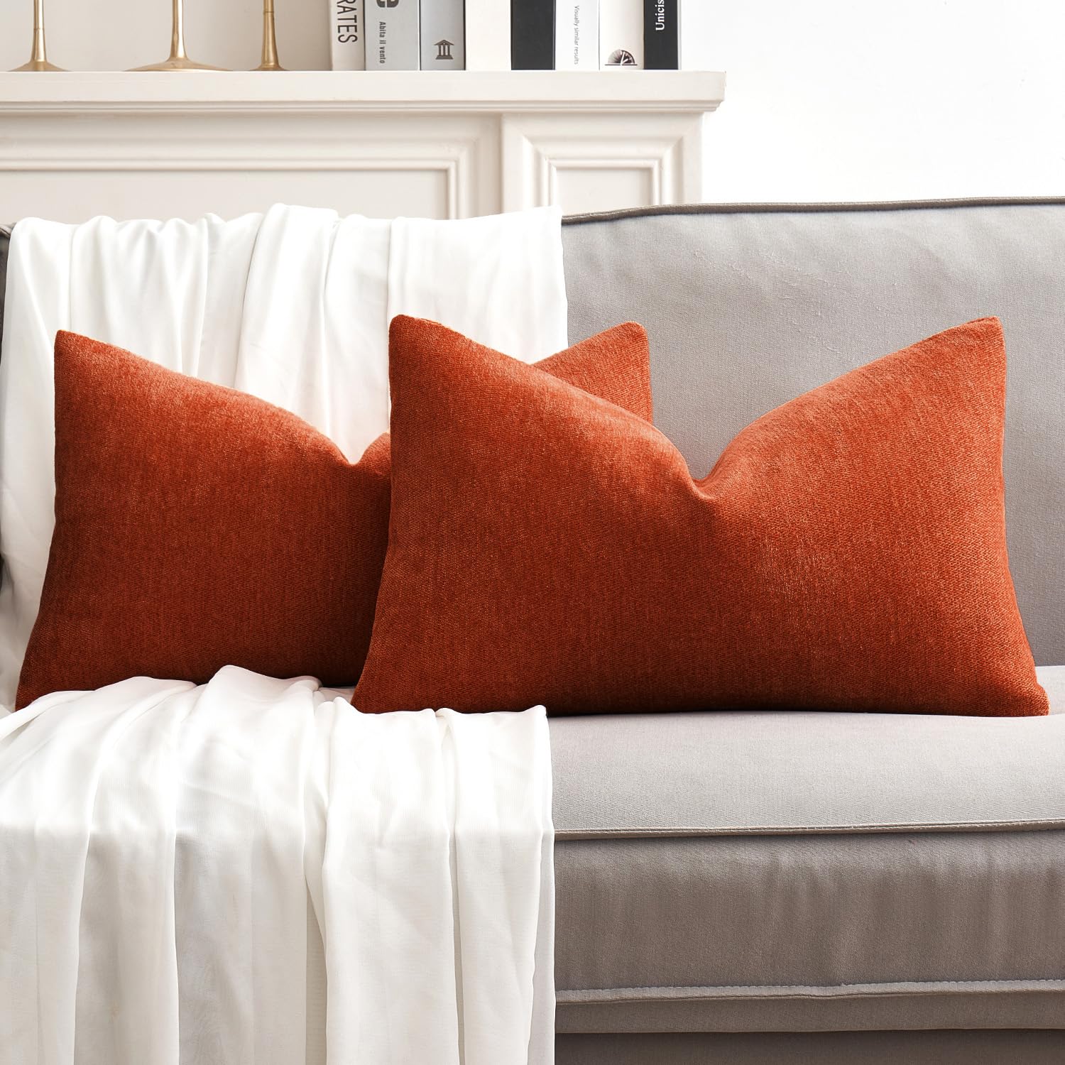 Miulee Pack Of 2 Burnt Brick Decorative Fall Pillow Covers 12X20 Inch Soft Chenille Couch Throw Pillows Farmhouse Cushion Covers