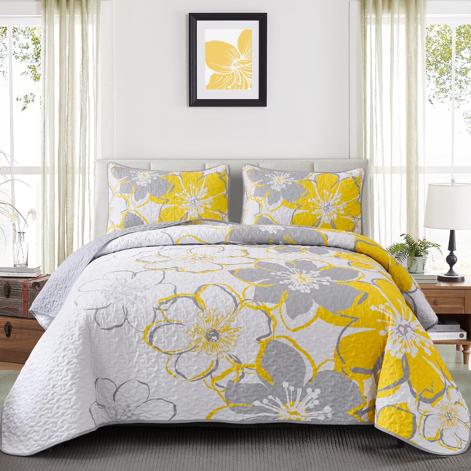 Luxudecor Floral Quilt Set King Size 3 Pieces Yellow Flower Bedspread With Pillow Shams Lightweight Soft Microfiber Bed Cover Fo