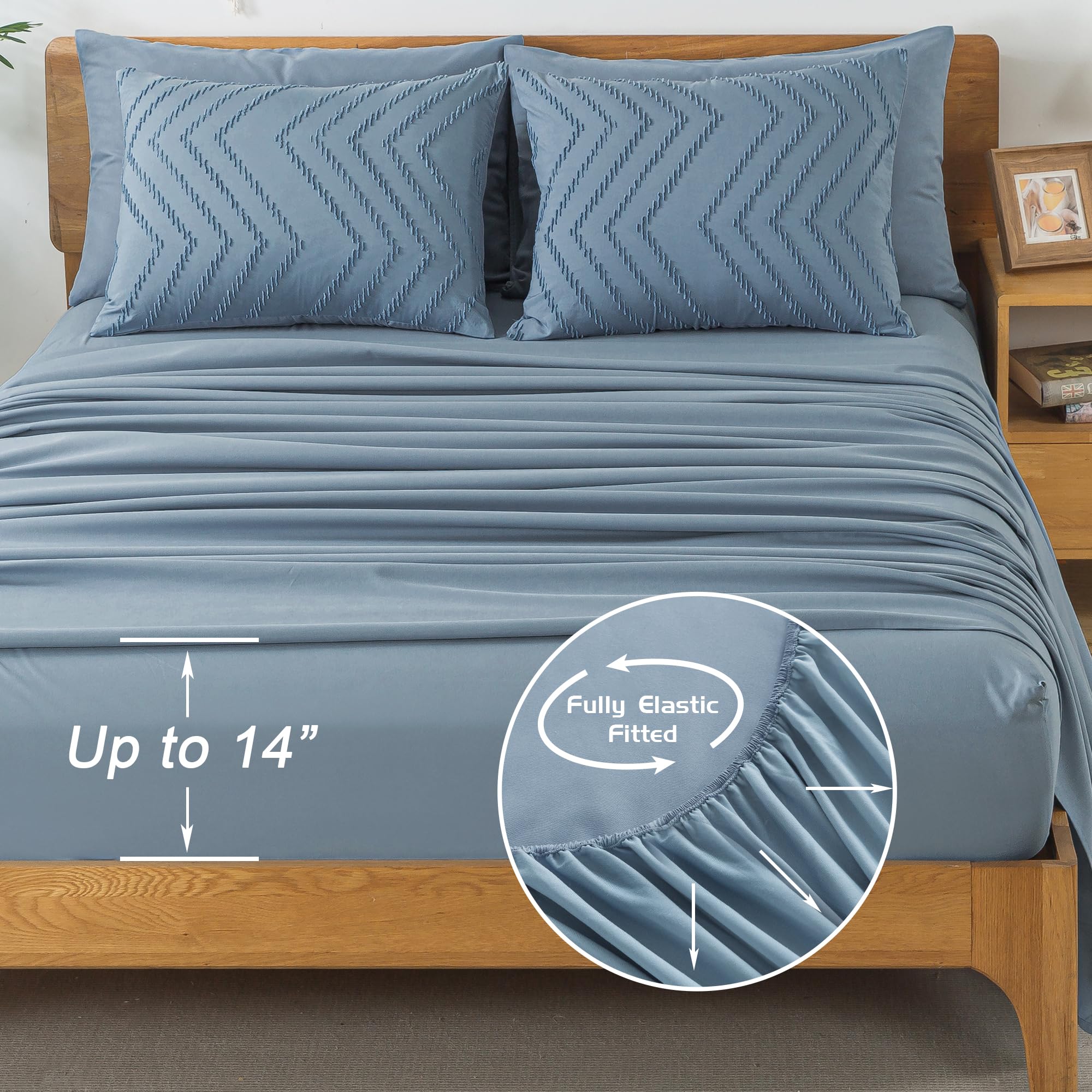 Litanika Grayish Blue King Size Comforter Set With Sheets - 7 Pieces Bed In A Bag King Chevron Tufted Complete Beddding Sets Wit