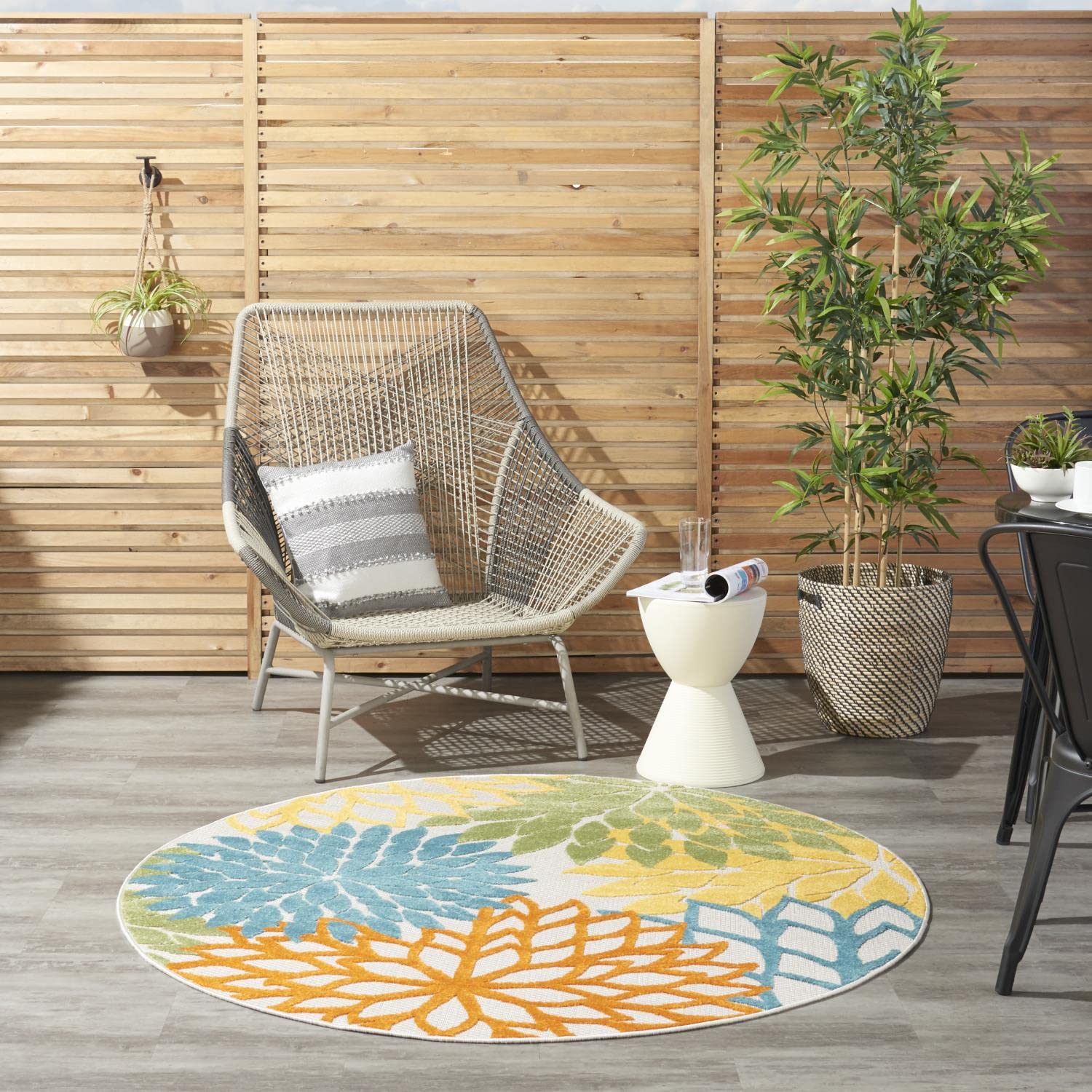Nourison Aloha Indoor/Outdoor Floral Turquoise Multicolor 5'3' X Round Area Rug, (5' Round)
