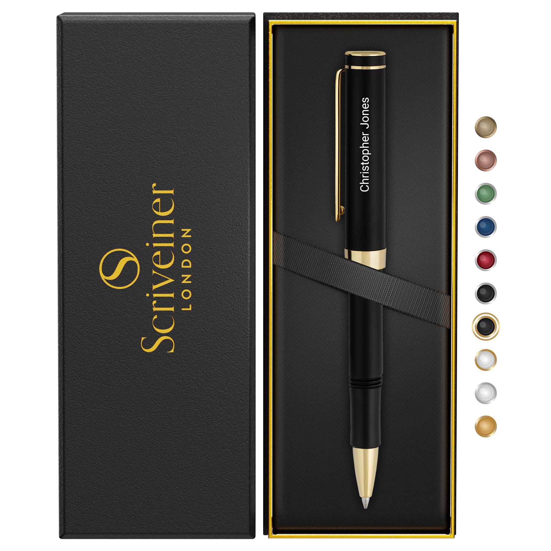 Scriveiner Personalized Black Rollerball Edc Pen, Stunning Pocket Pen With 24K Gold Finish, Cool Writing Pen, Best Pen Gift, Bes