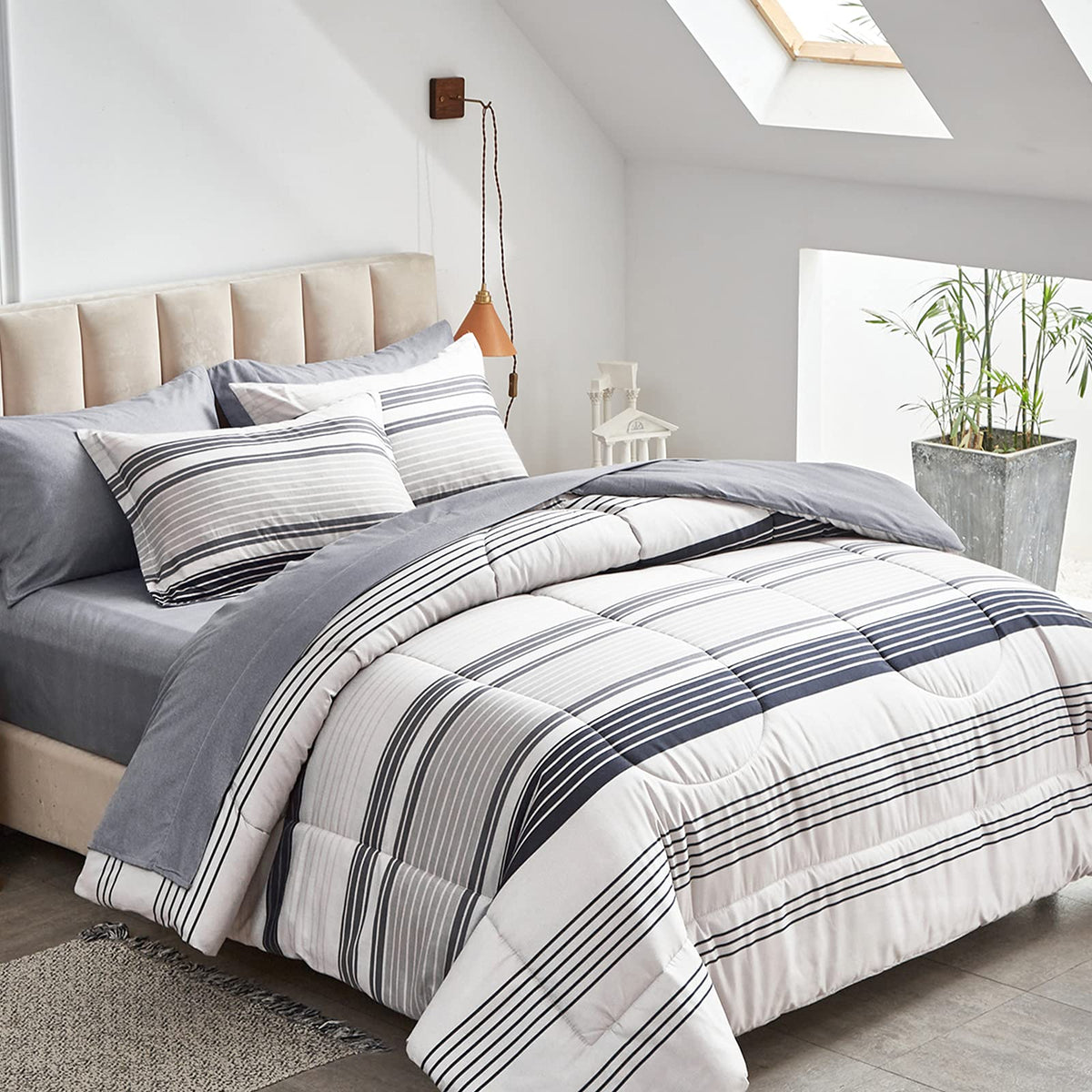 Flysheep Ombre Boho Striped Bed In A Bag 6 Pieces Twin Size, Grey N Navy Black Stripes On White Comforter Sheet Set (1 Comforter