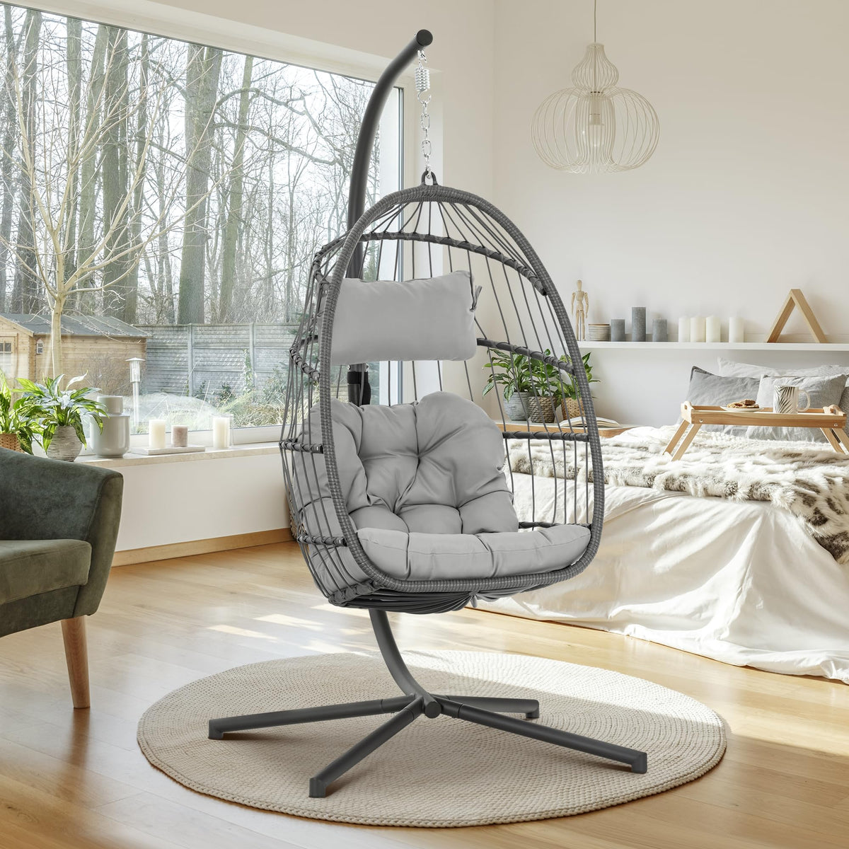 Brafab Swing Egg Chair, Hammock Chair, Hanging Chair, Aluminum Frame And Uv Resistant Cushion With Steel Stand For Indoor Outdoor Patio Bedroom Wicker Rattan Hand Made Chair 350Lbs Capacity