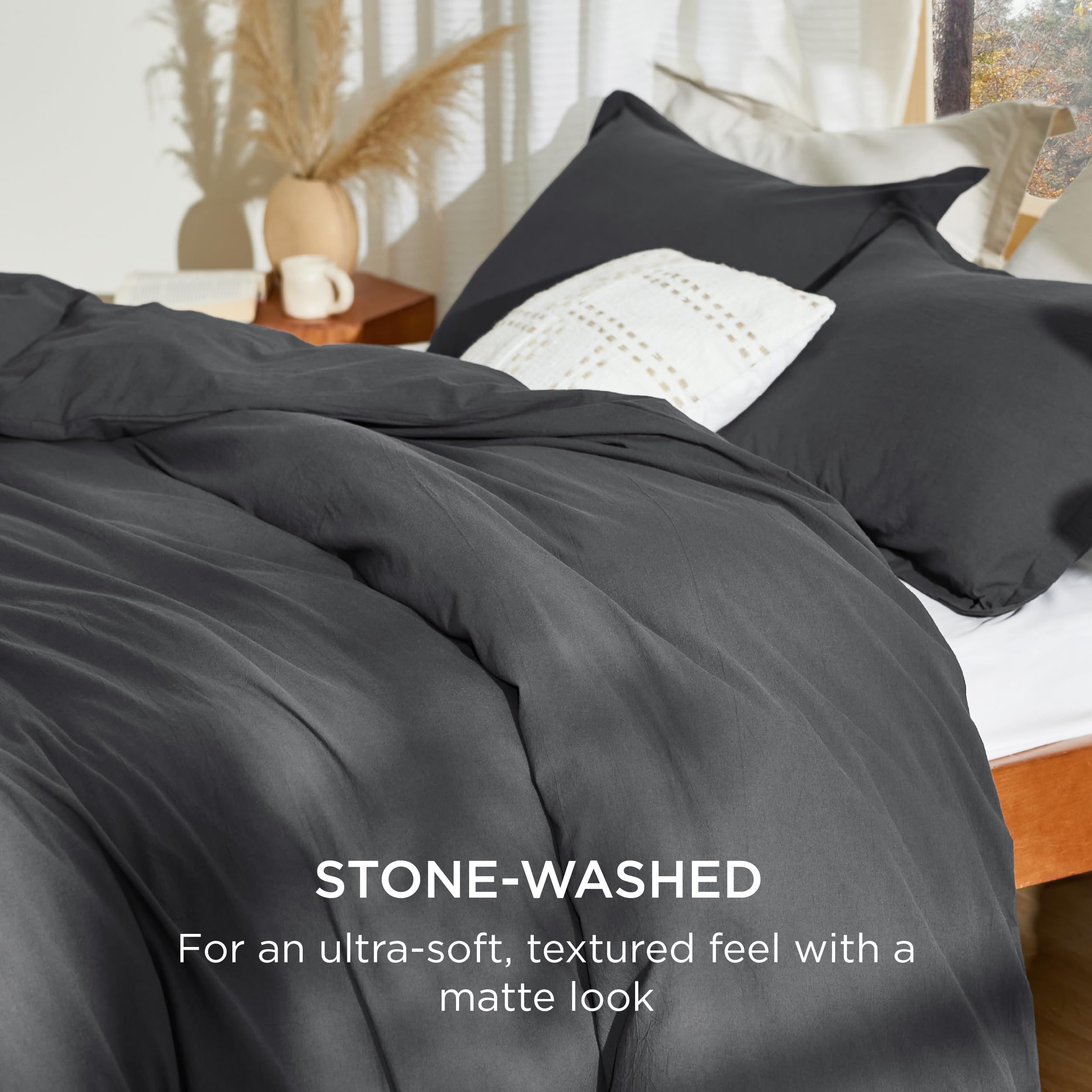 Bedsure 100% Stone Washed Cotton Duvet Cover King - Charcoal Minimalist Cotton Duvet Cover Set Linen Like - 3 Pieces Gentlesoft™ Plain Simple Bedding Set With 2 Pillow Shams (Charcoal, King, 104'X90')